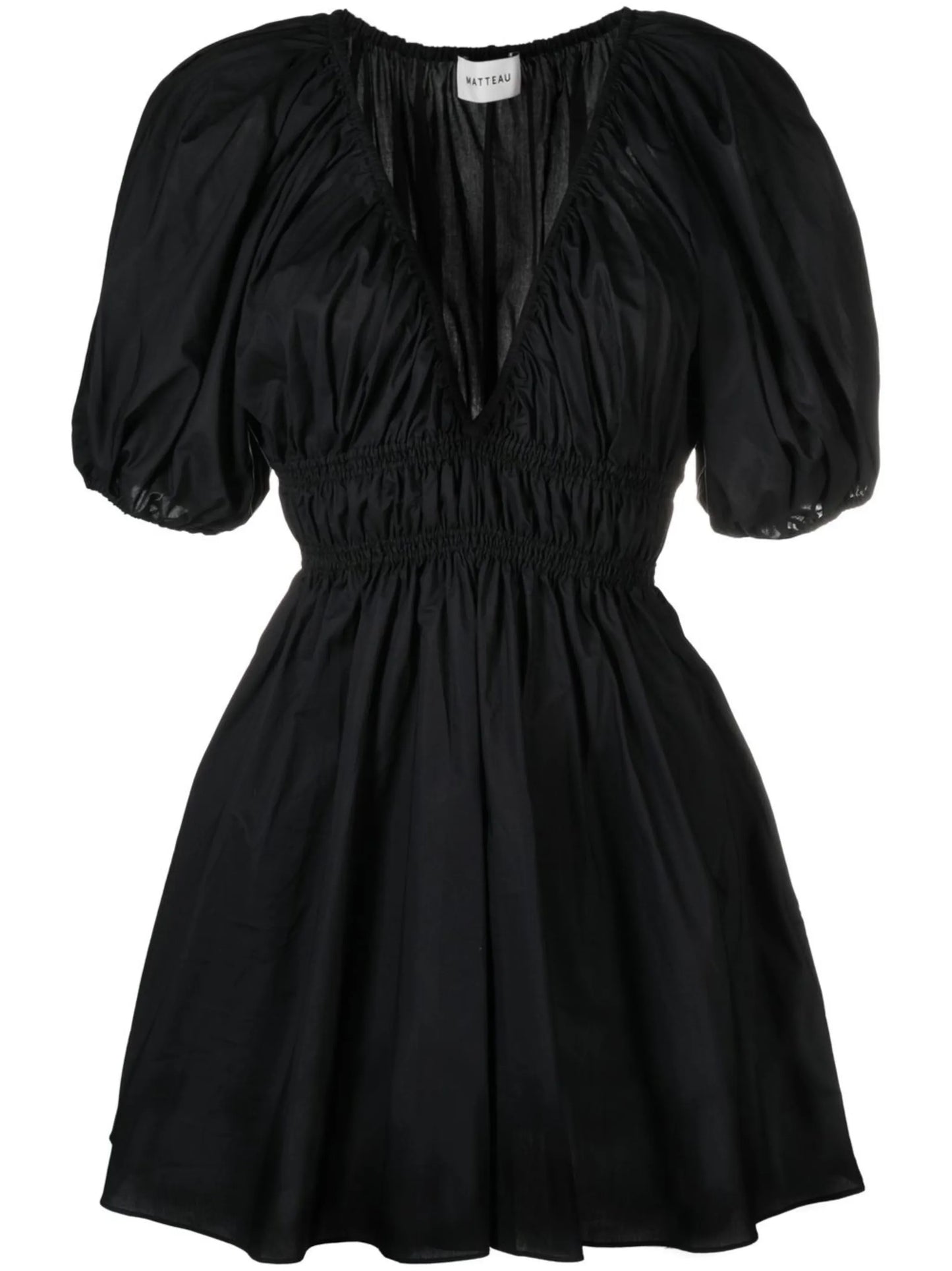 puff-sleeved shirred dress