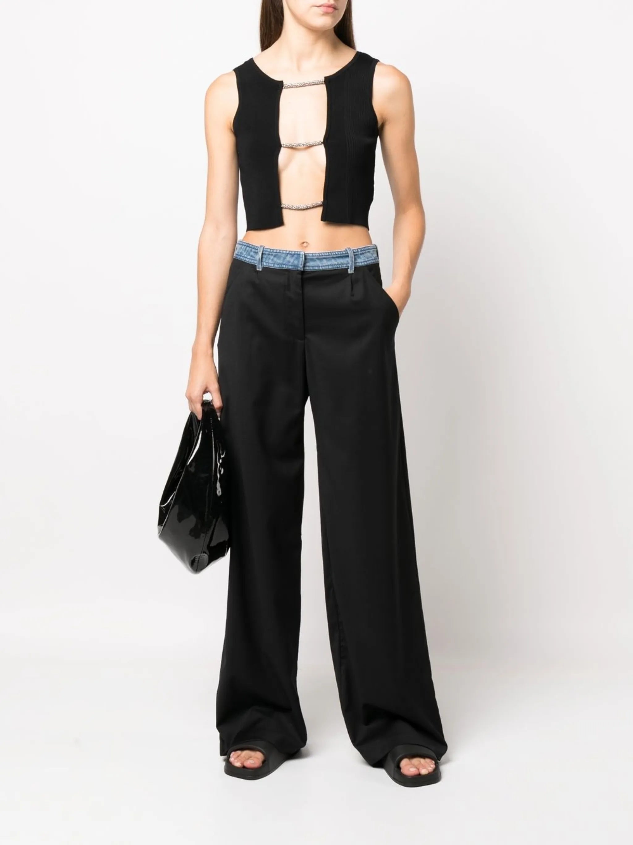 contrast-waistband wide-leg trousers
