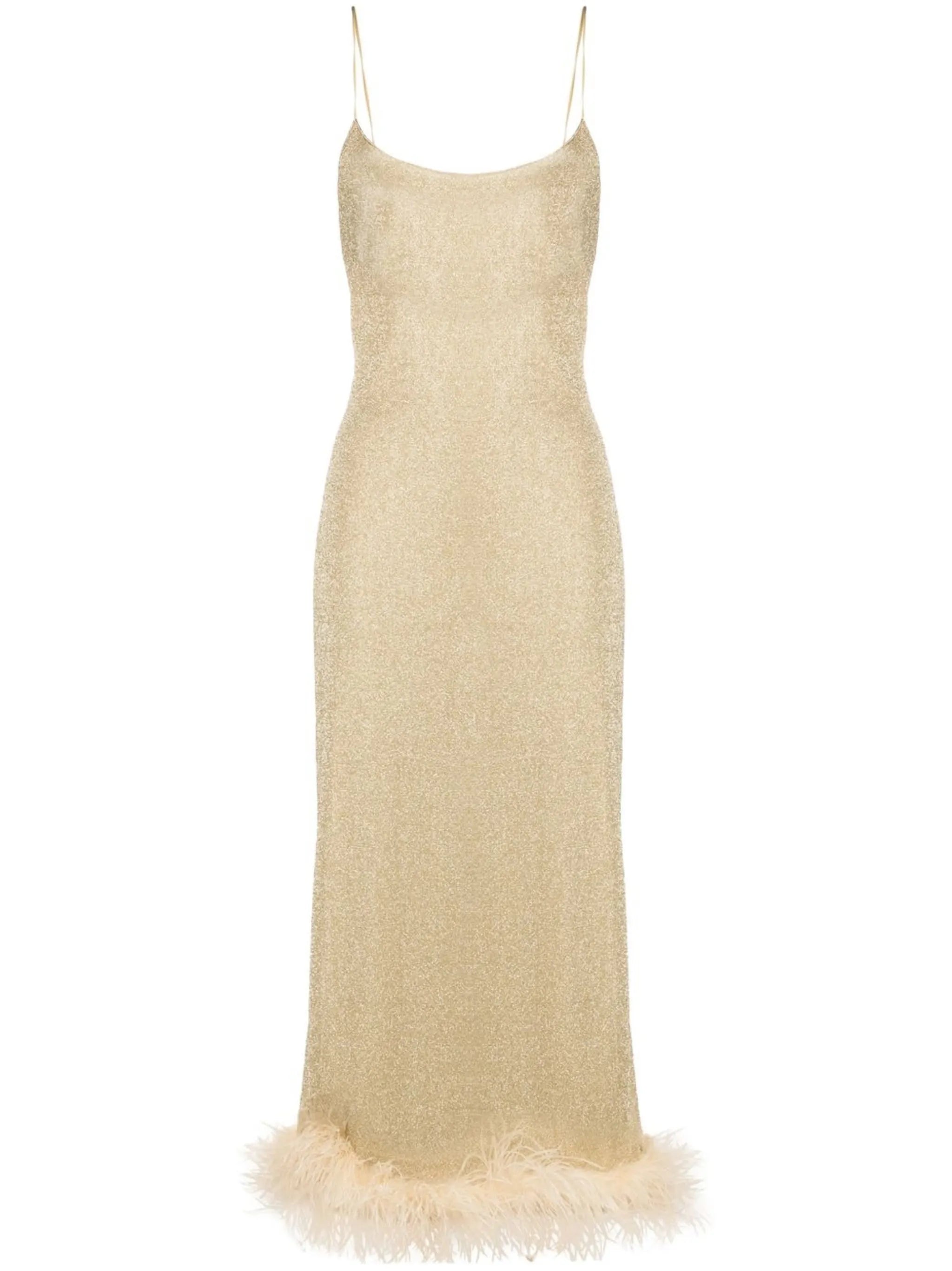 feather-trimmed metallic slip dress