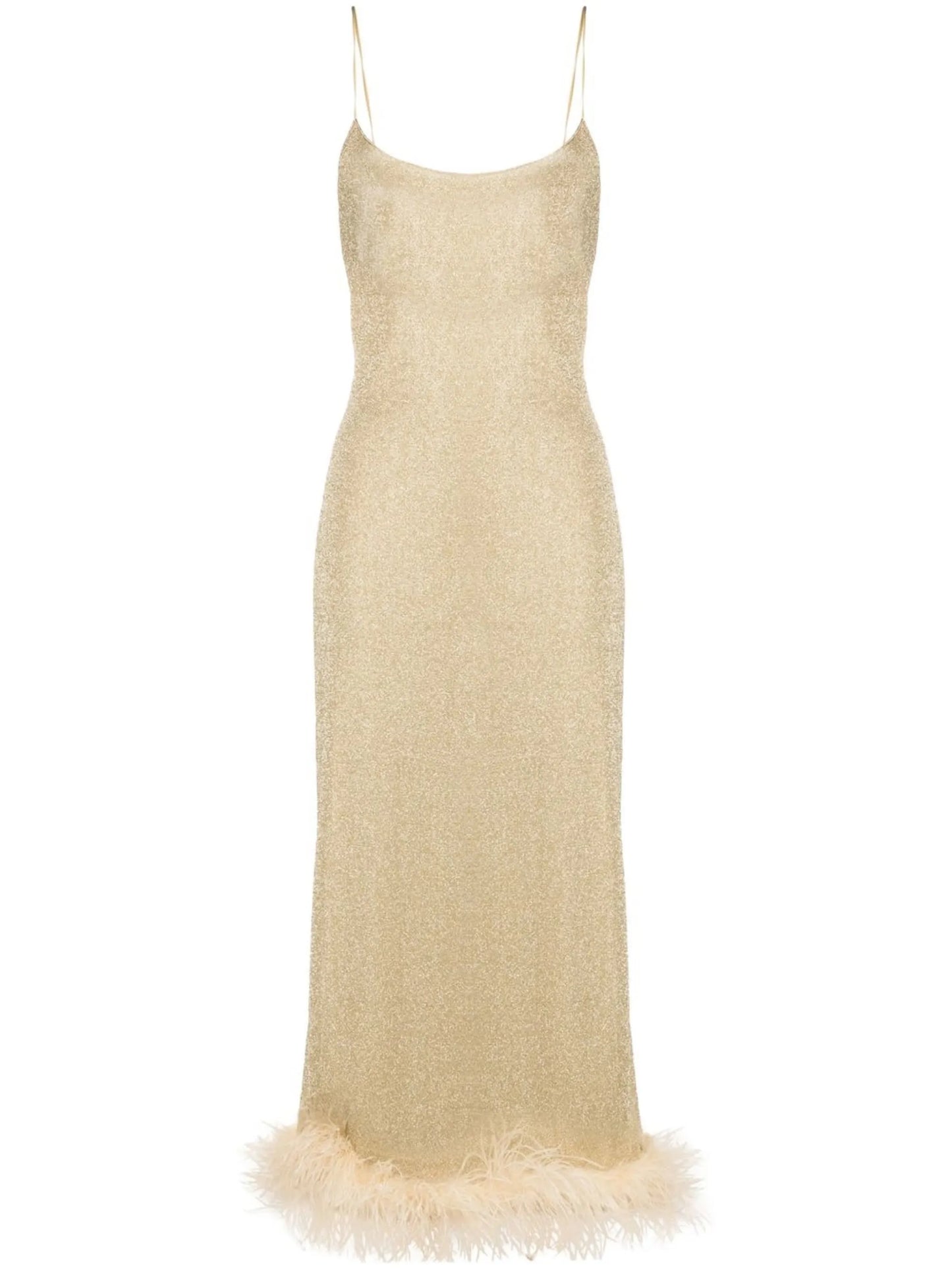 feather-trimmed metallic slip dress