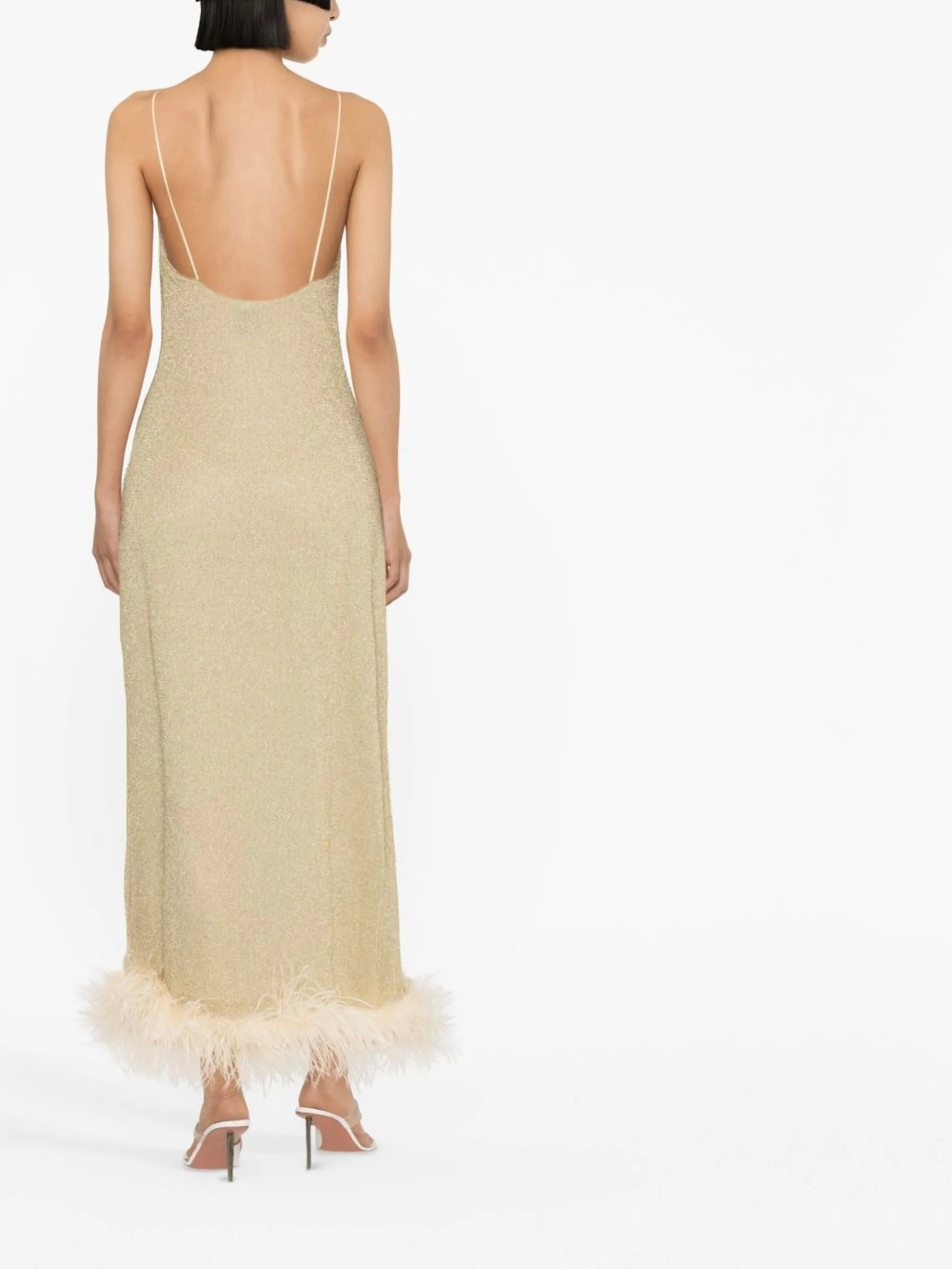 feather-trimmed metallic slip dress