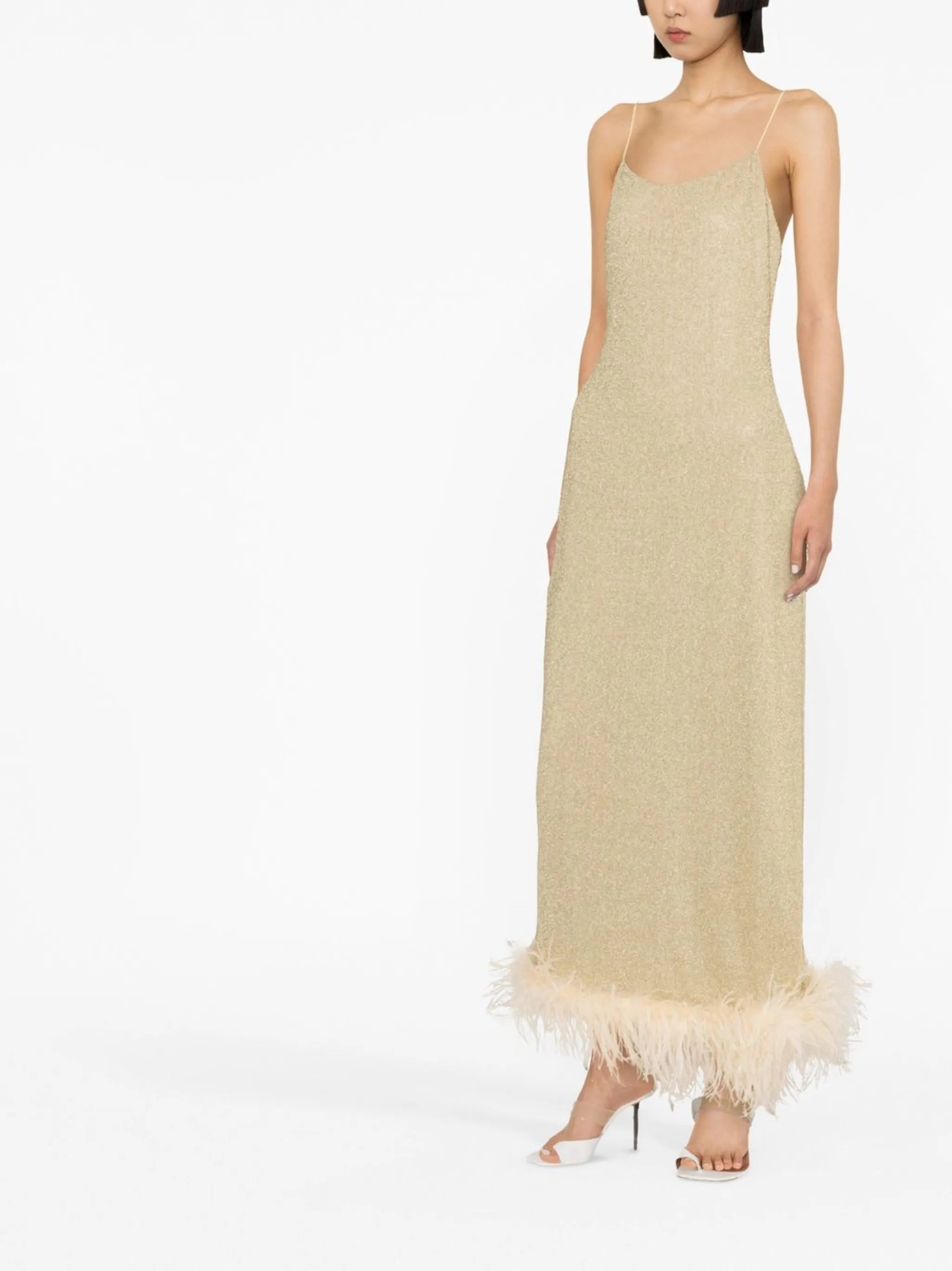 feather-trimmed metallic slip dress