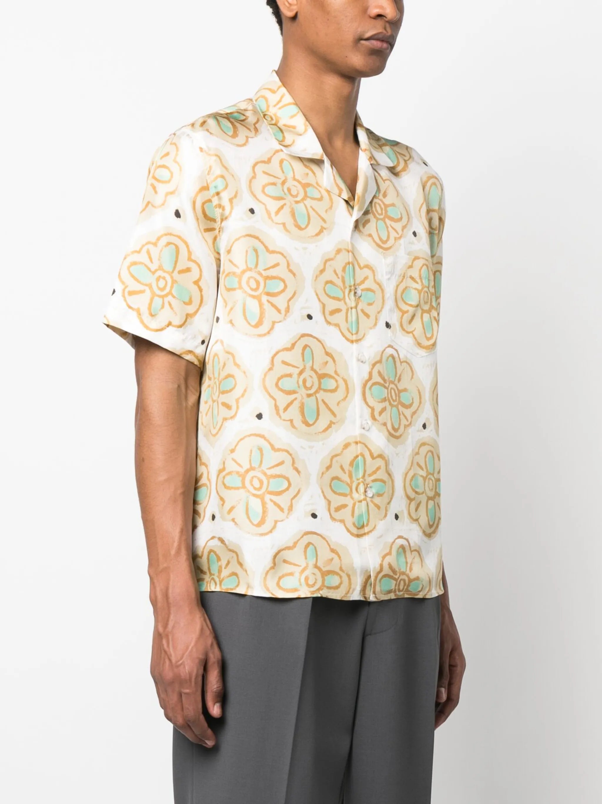 flower-print short-sleeve silk shirt