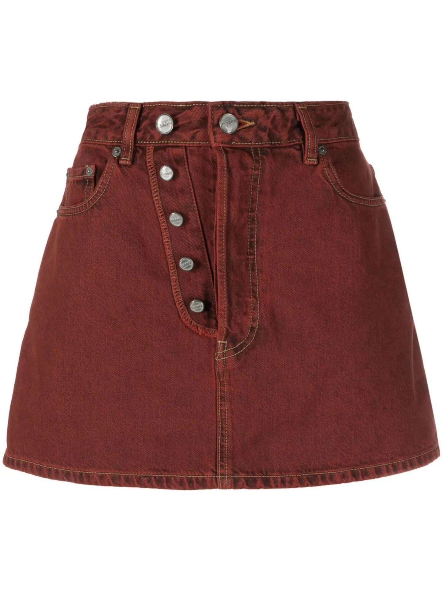 asymmetric-button denim mini skirt
