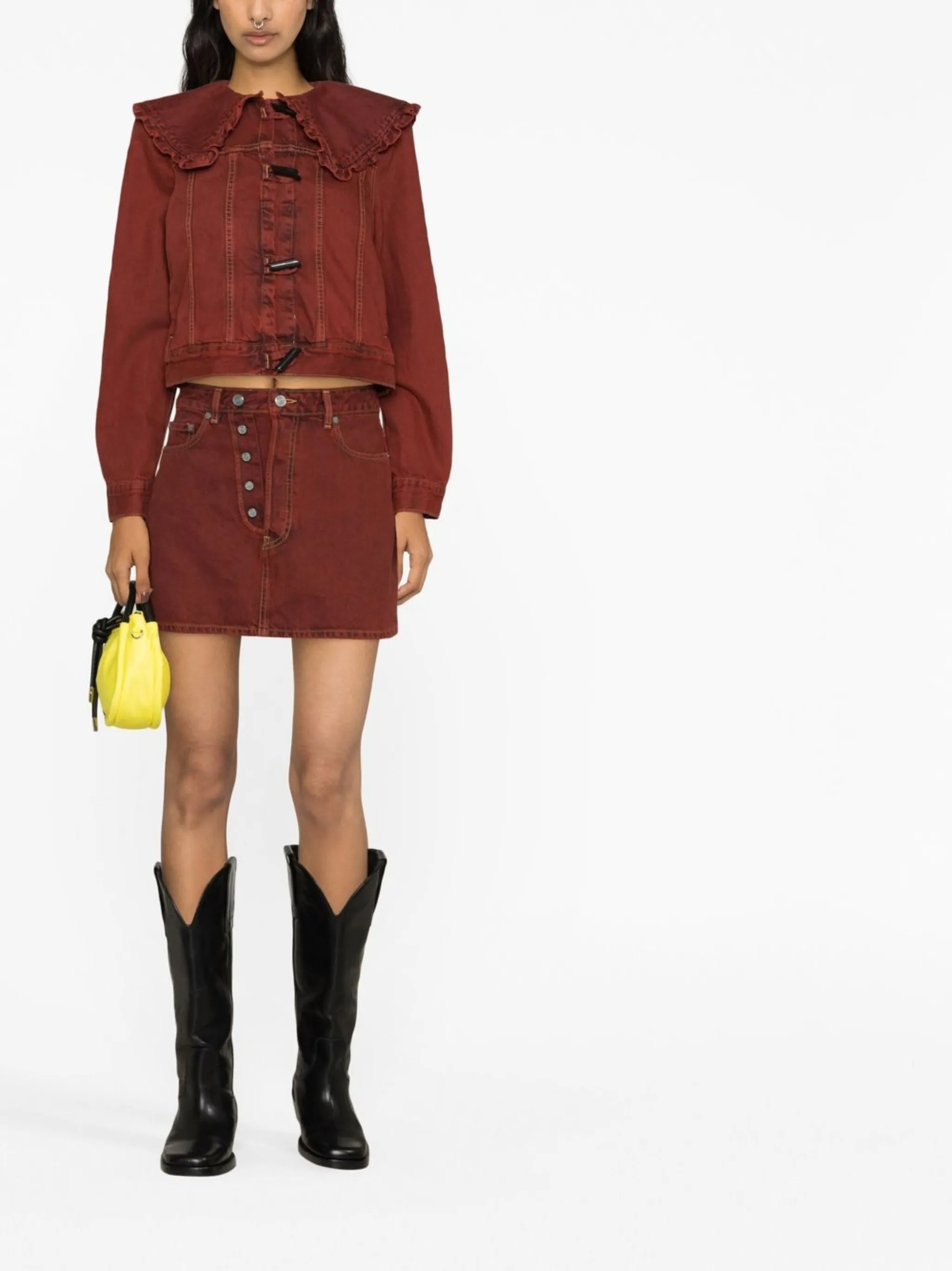 asymmetric-button denim mini skirt