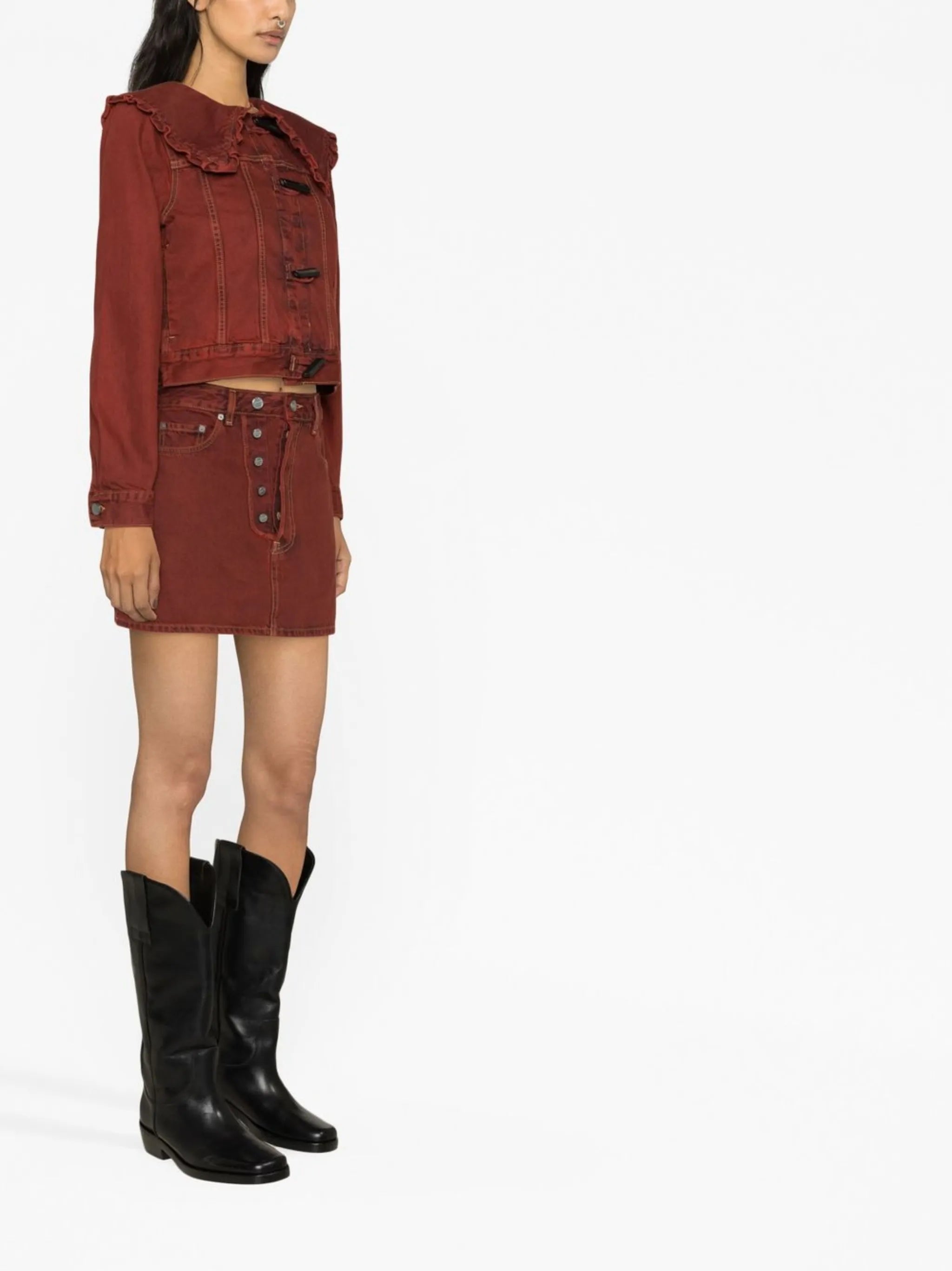 asymmetric-button denim mini skirt