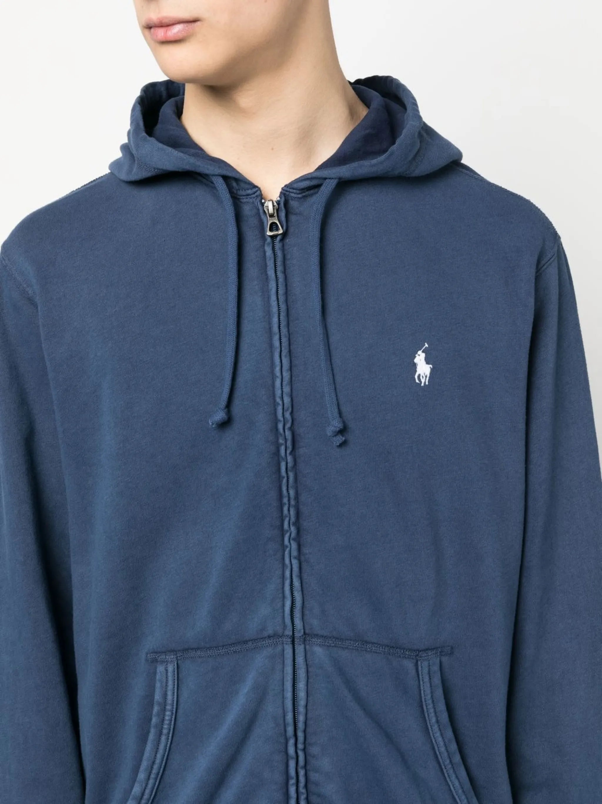 logo-embroidered zip-up drawstring hoodie