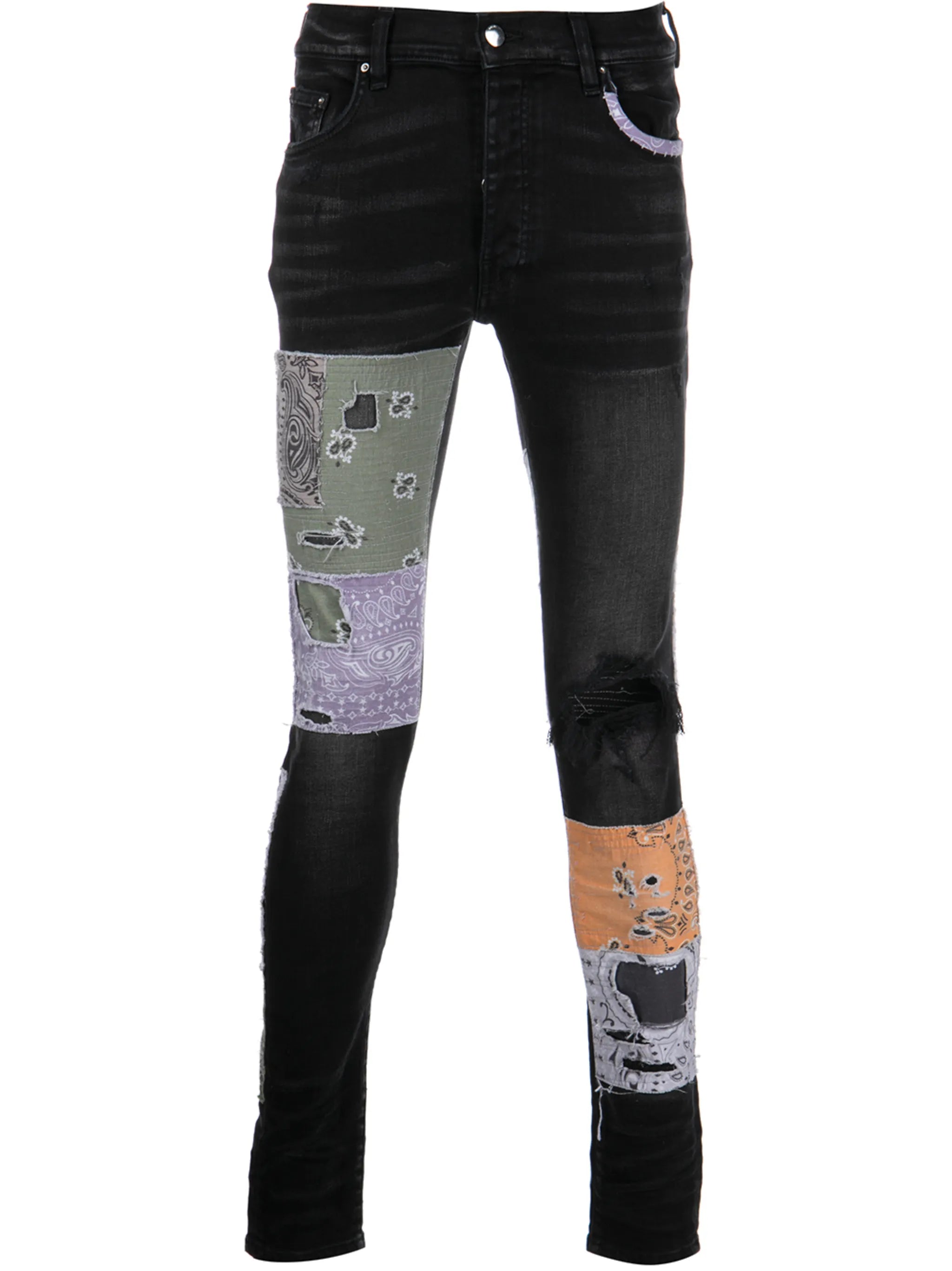 coated-finish distressed jeans