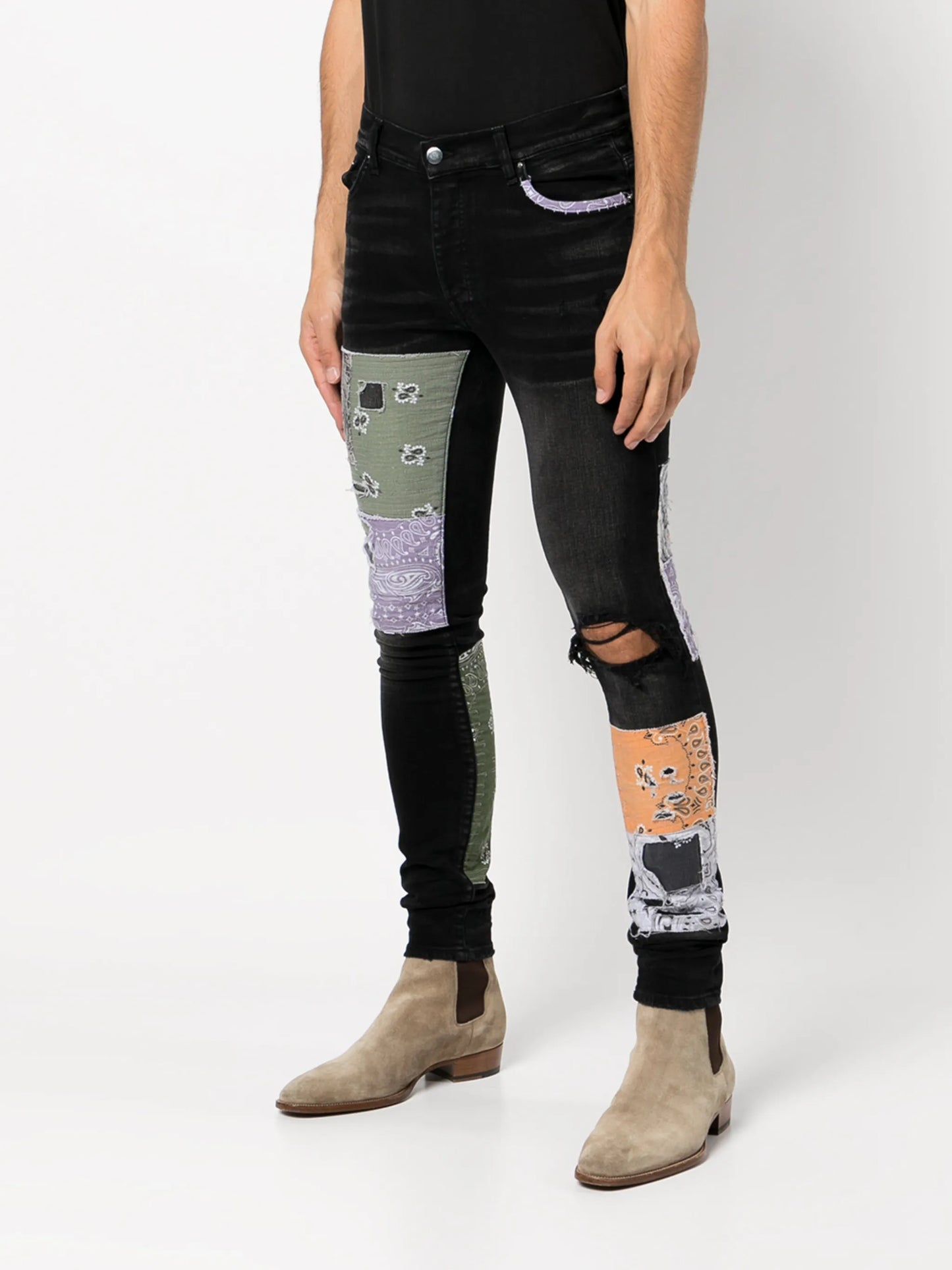 coated-finish distressed jeans