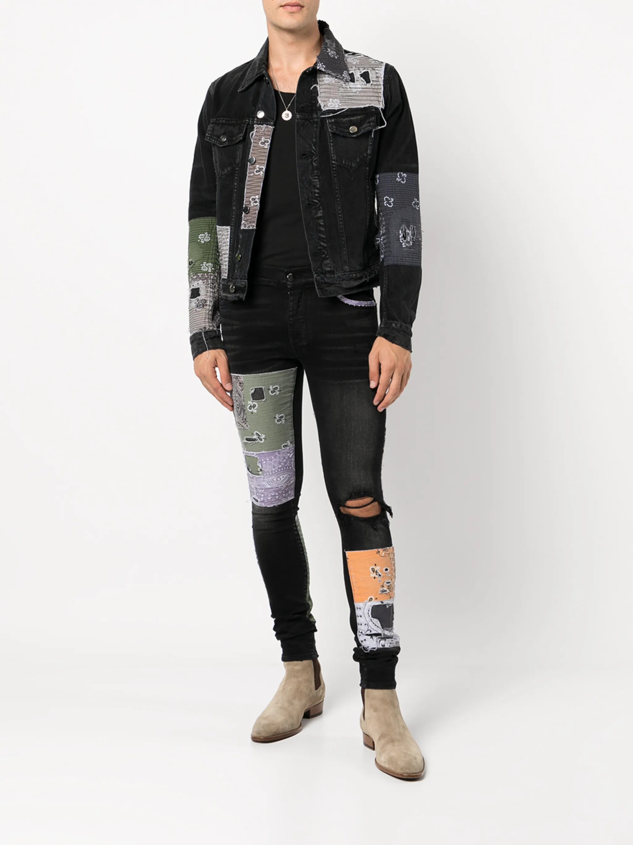 coated-finish distressed jeans