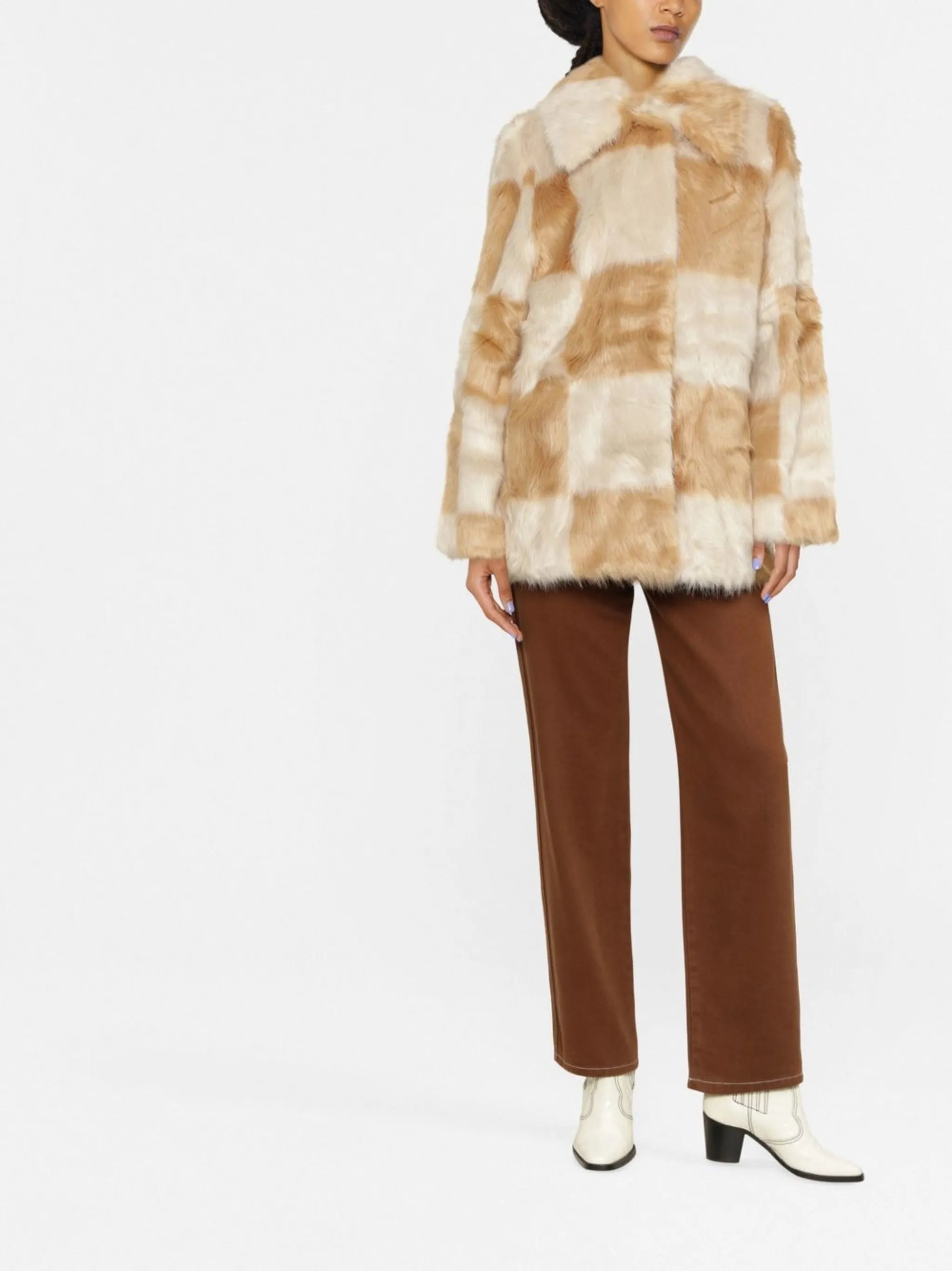 check-print faux-fur coat