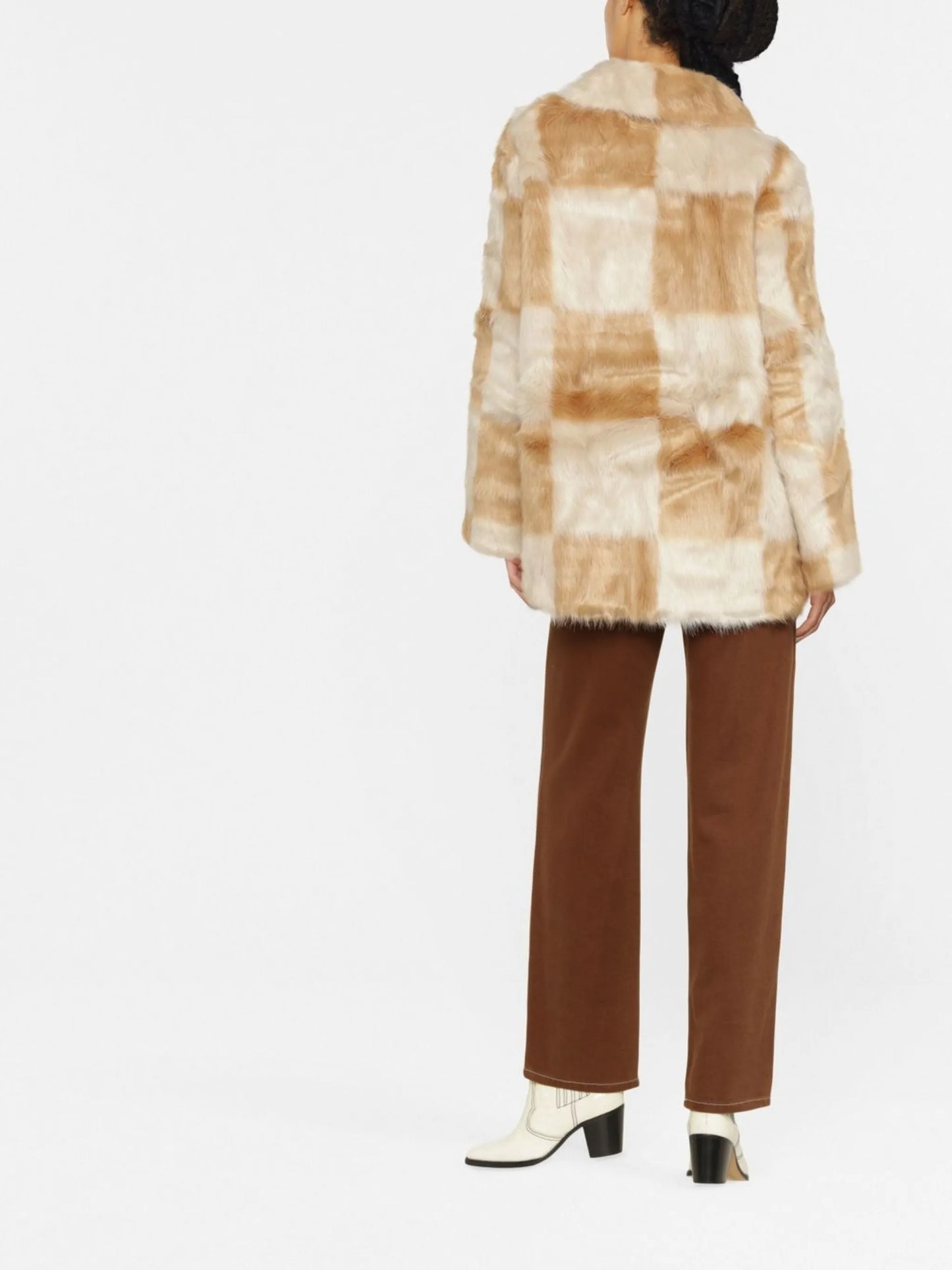 check-print faux-fur coat
