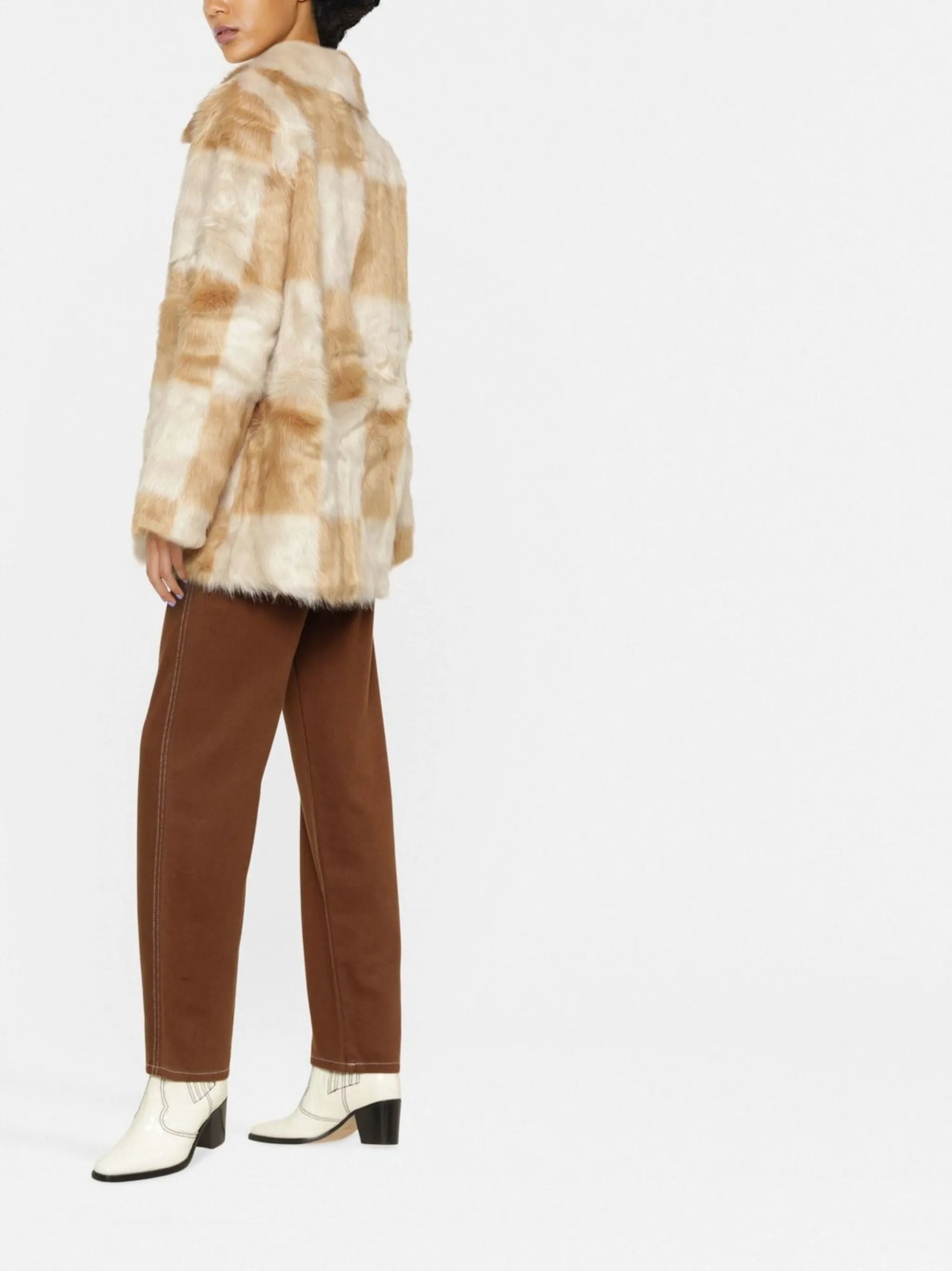 check-print faux-fur coat