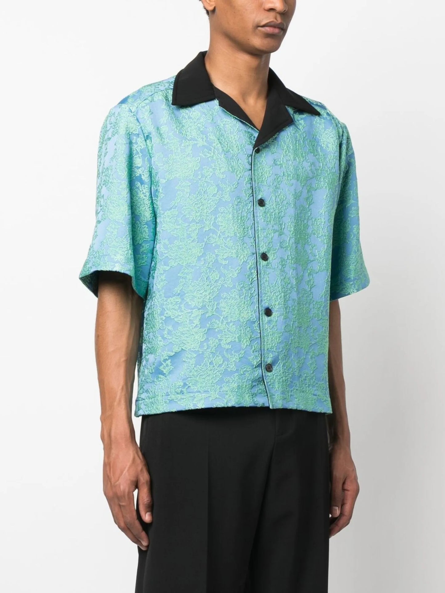 floral-jacquard camp collar shirt