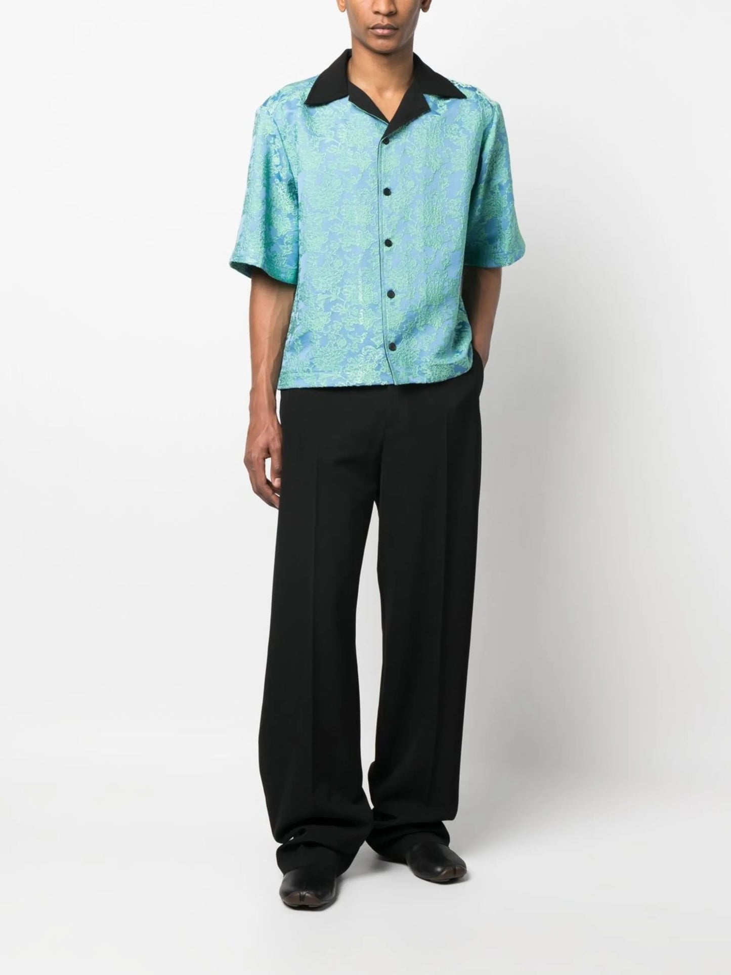 floral-jacquard camp collar shirt