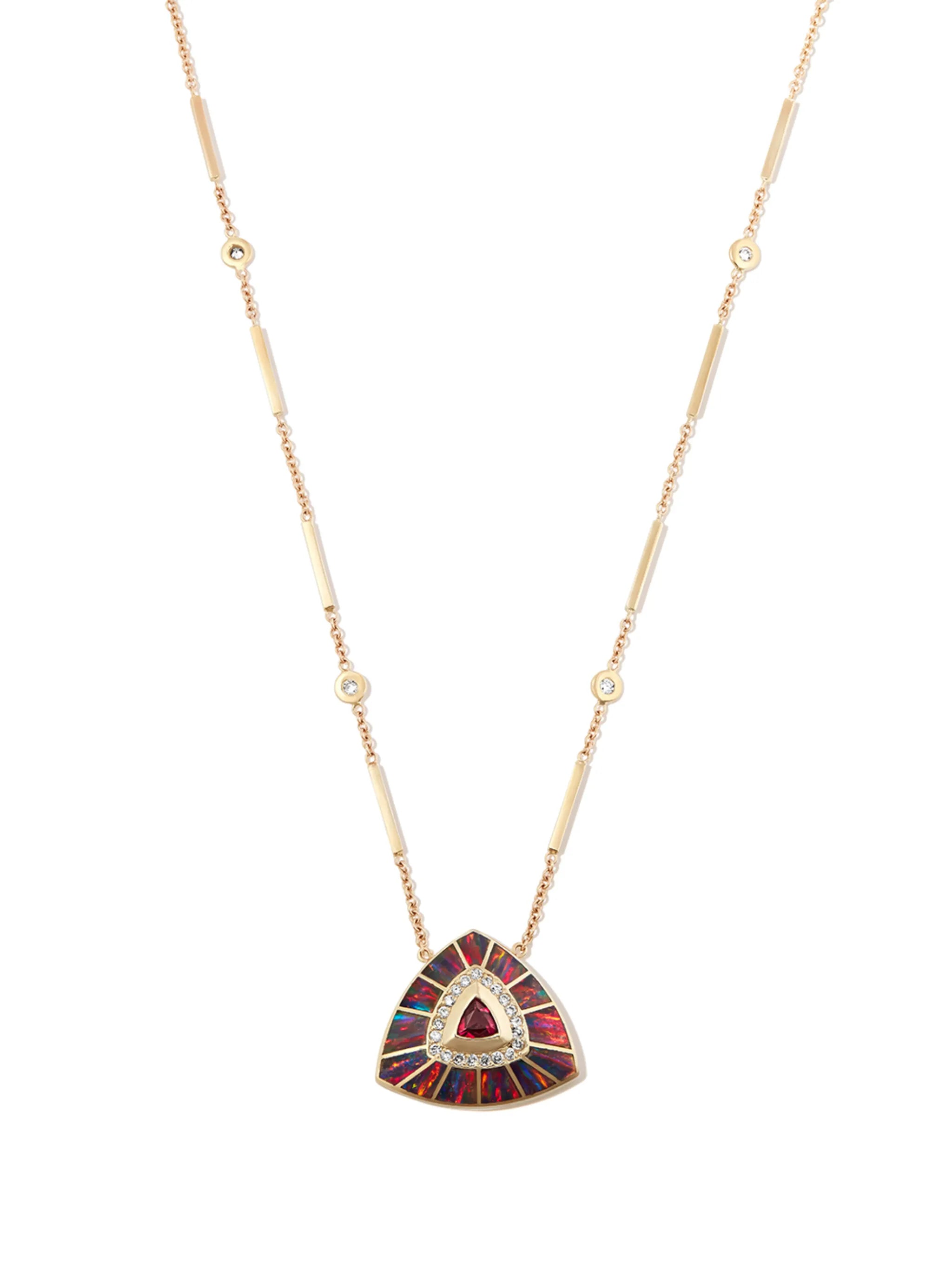 14kt yellow gold Vortex diamond and red tourmaline pendant necklace