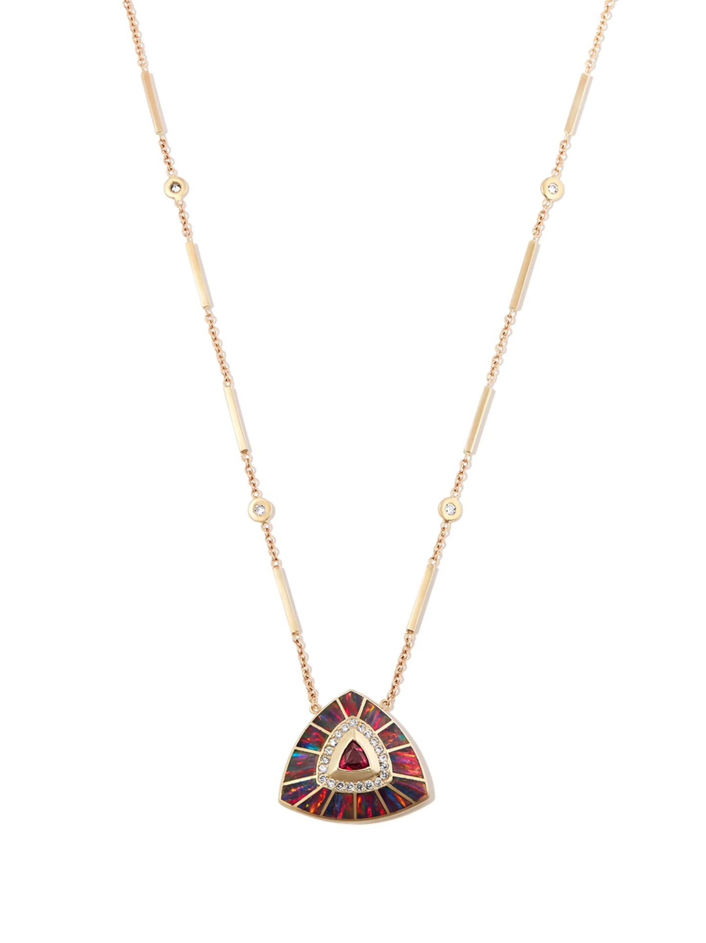 14kt yellow gold Vortex diamond and red tourmaline pendant necklace