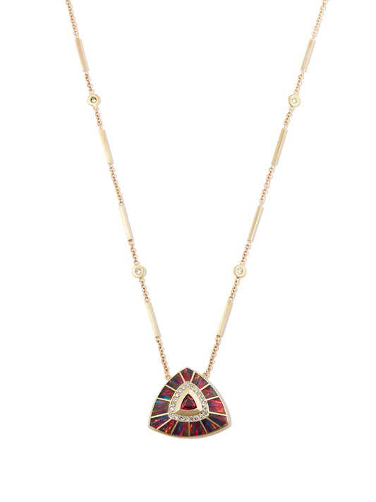 14kt yellow gold Vortex diamond and red tourmaline pendant necklace