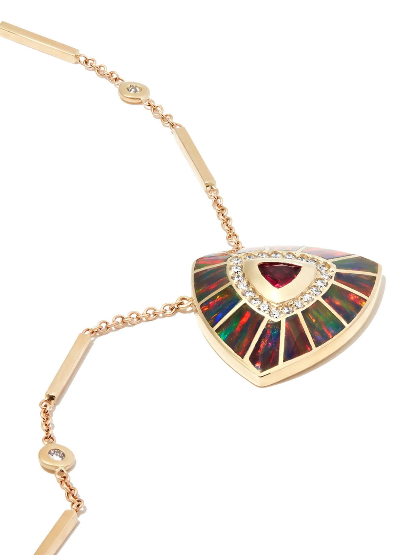 14kt yellow gold Vortex diamond and red tourmaline pendant necklace