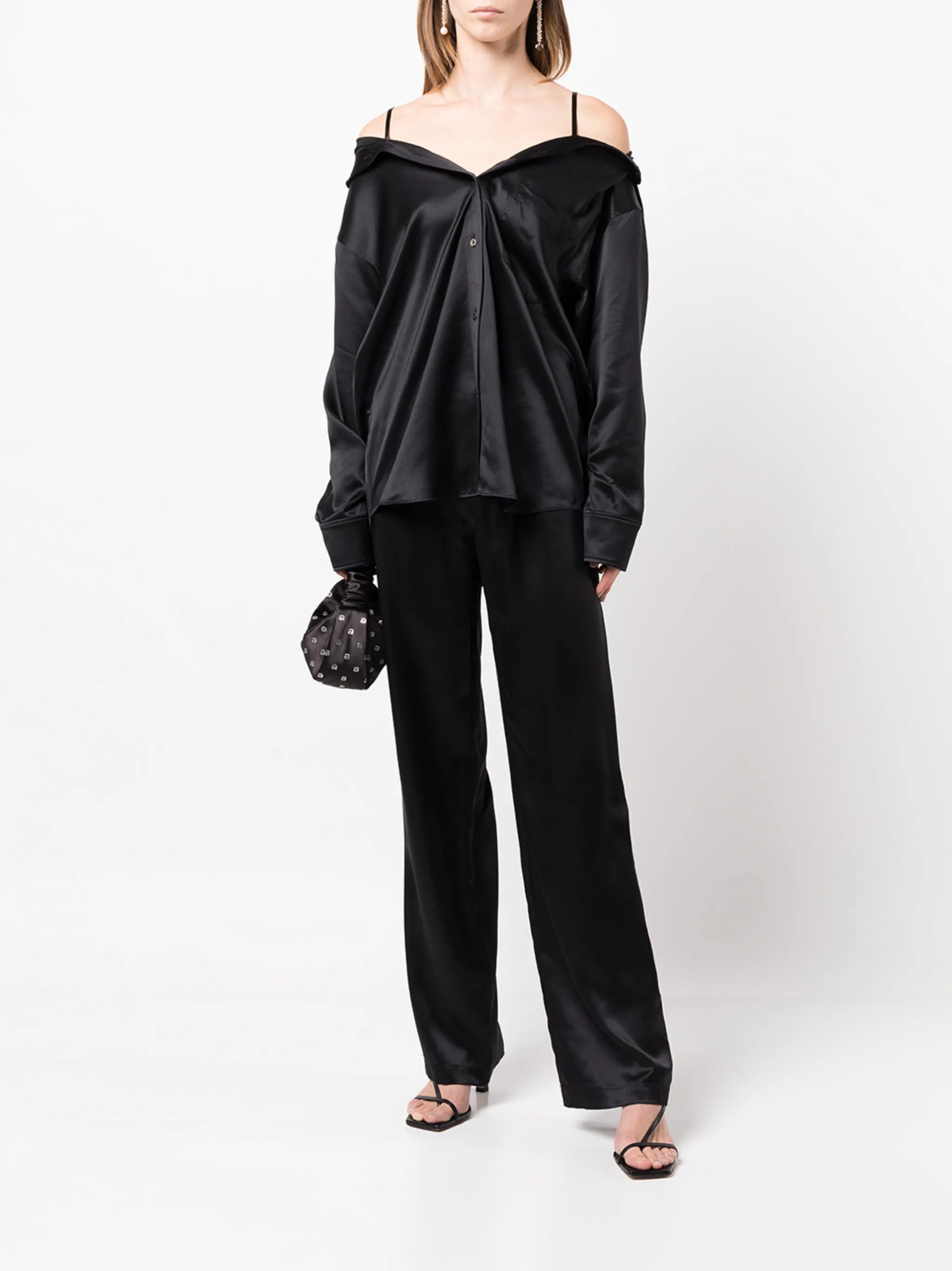 off-shoulder satin shirt