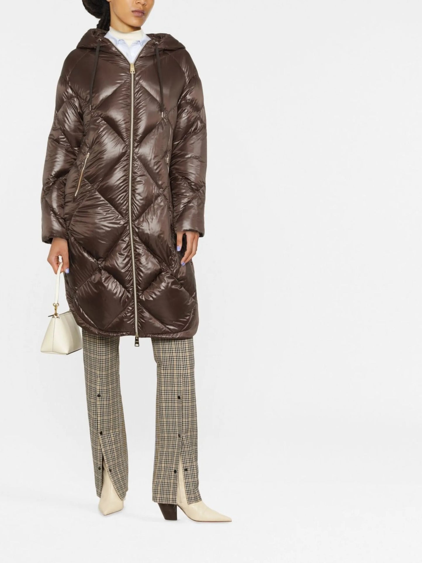 diamond-quilted midi coat