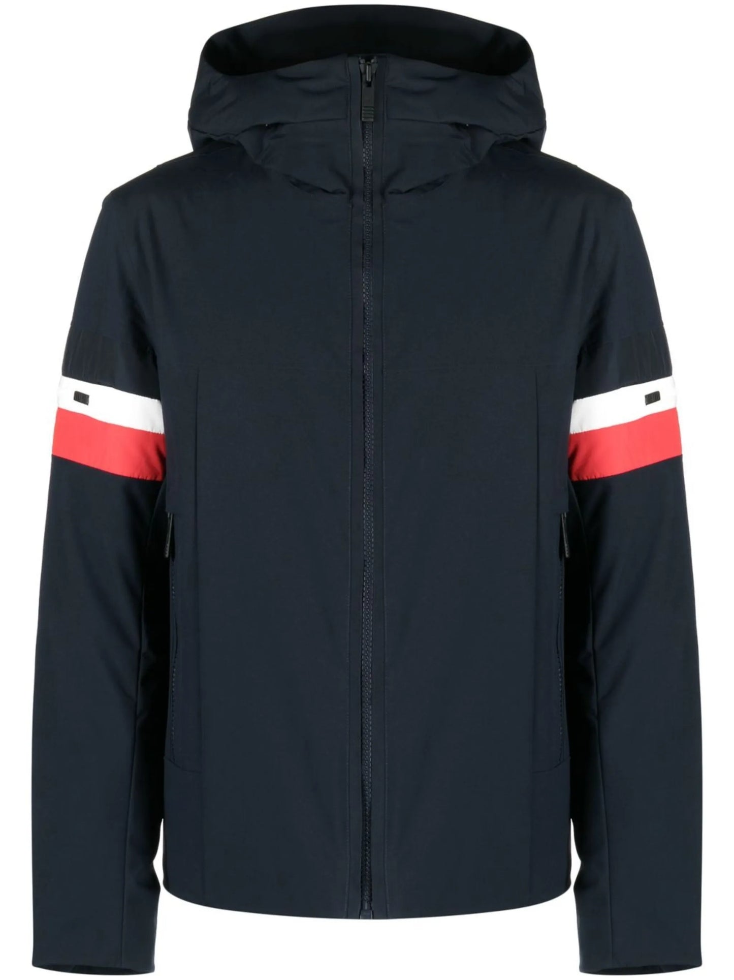 stripe-panel hooded ski jacket