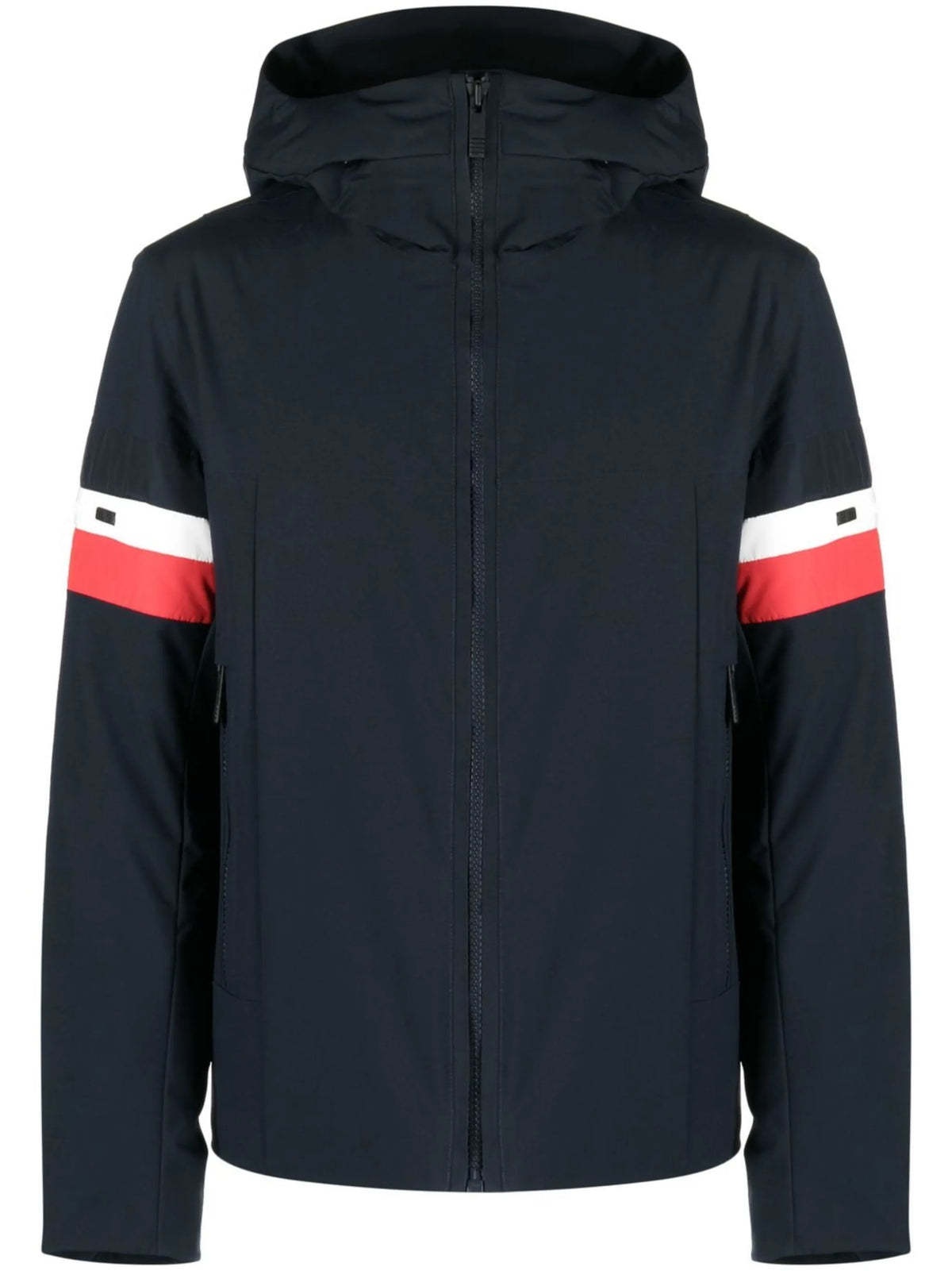 stripe-panel hooded ski jacket