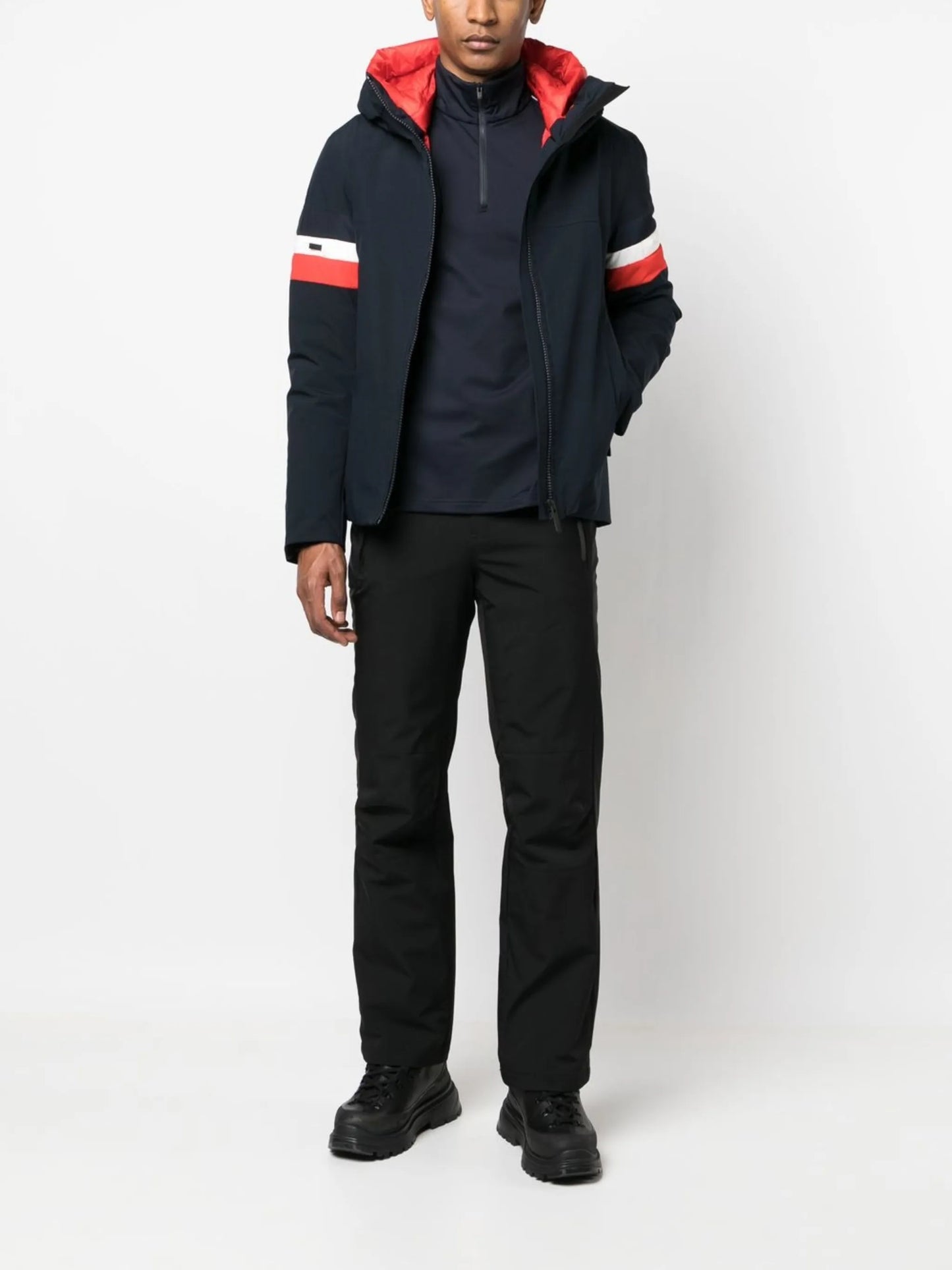 stripe-panel hooded ski jacket