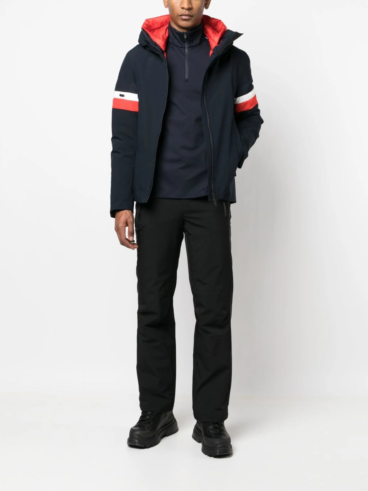 stripe-panel hooded ski jacket
