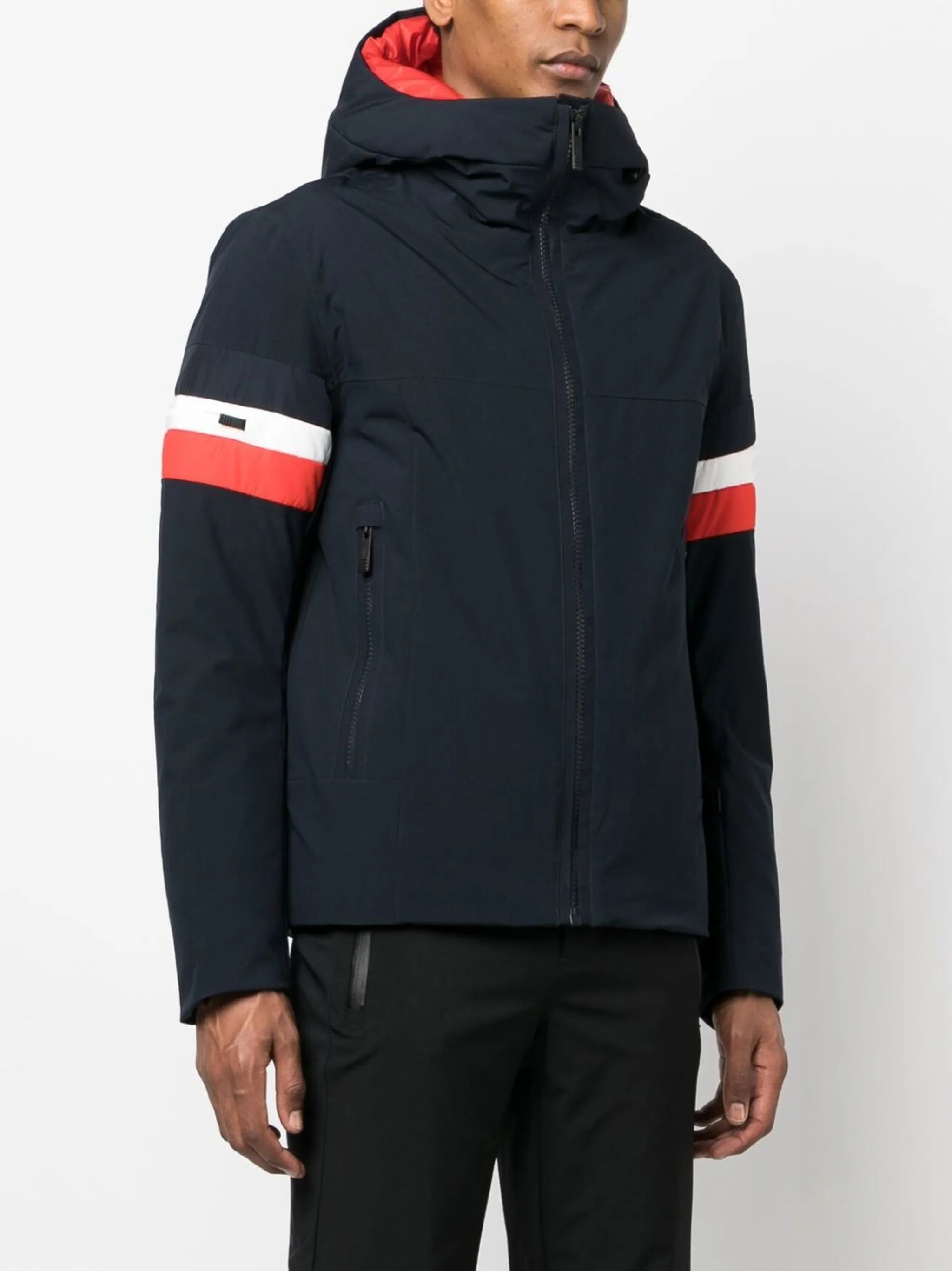 stripe-panel hooded ski jacket