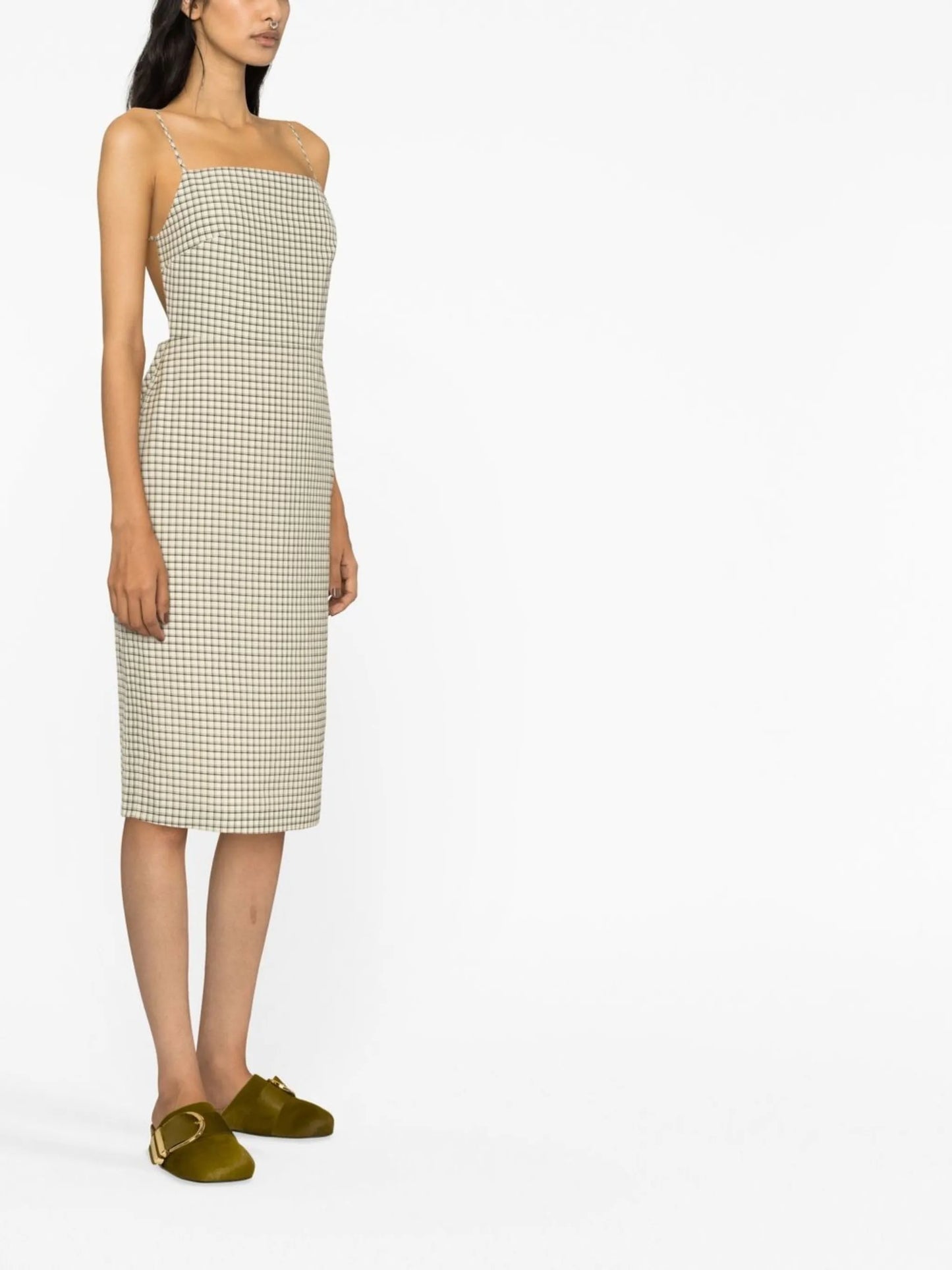 check square-neck midi-dress