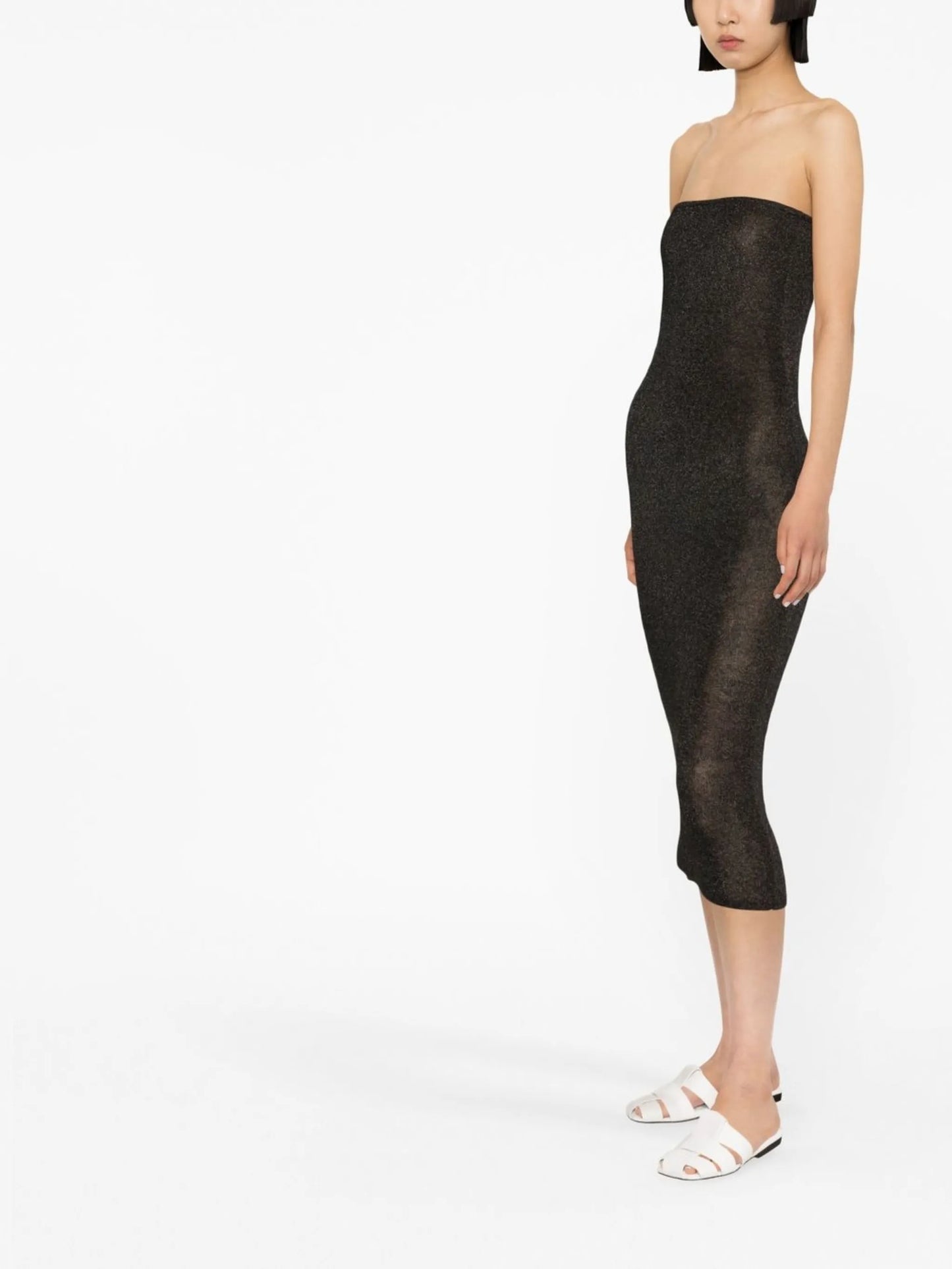 90s sheer-knit strapless midi dress