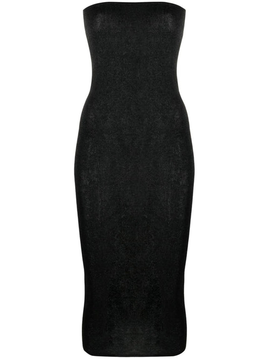 90s sheer-knit strapless midi dress