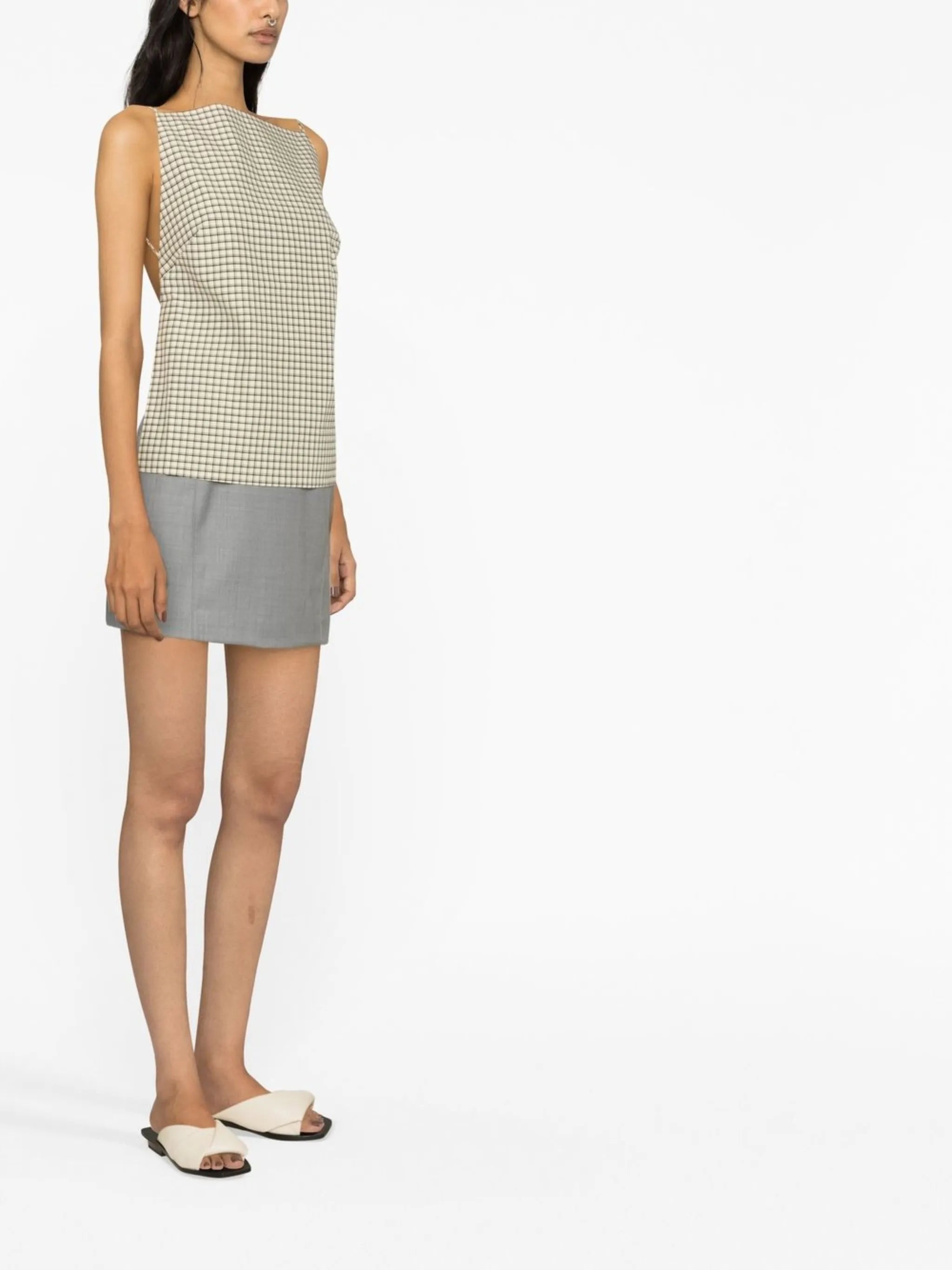 square-neck check-pattern top