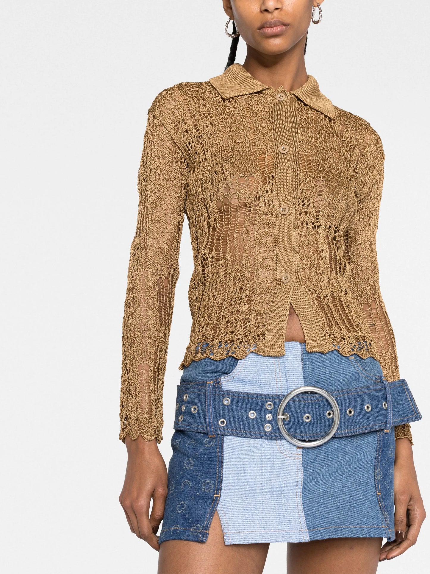 Monogram-print patchwork denim mini skirt