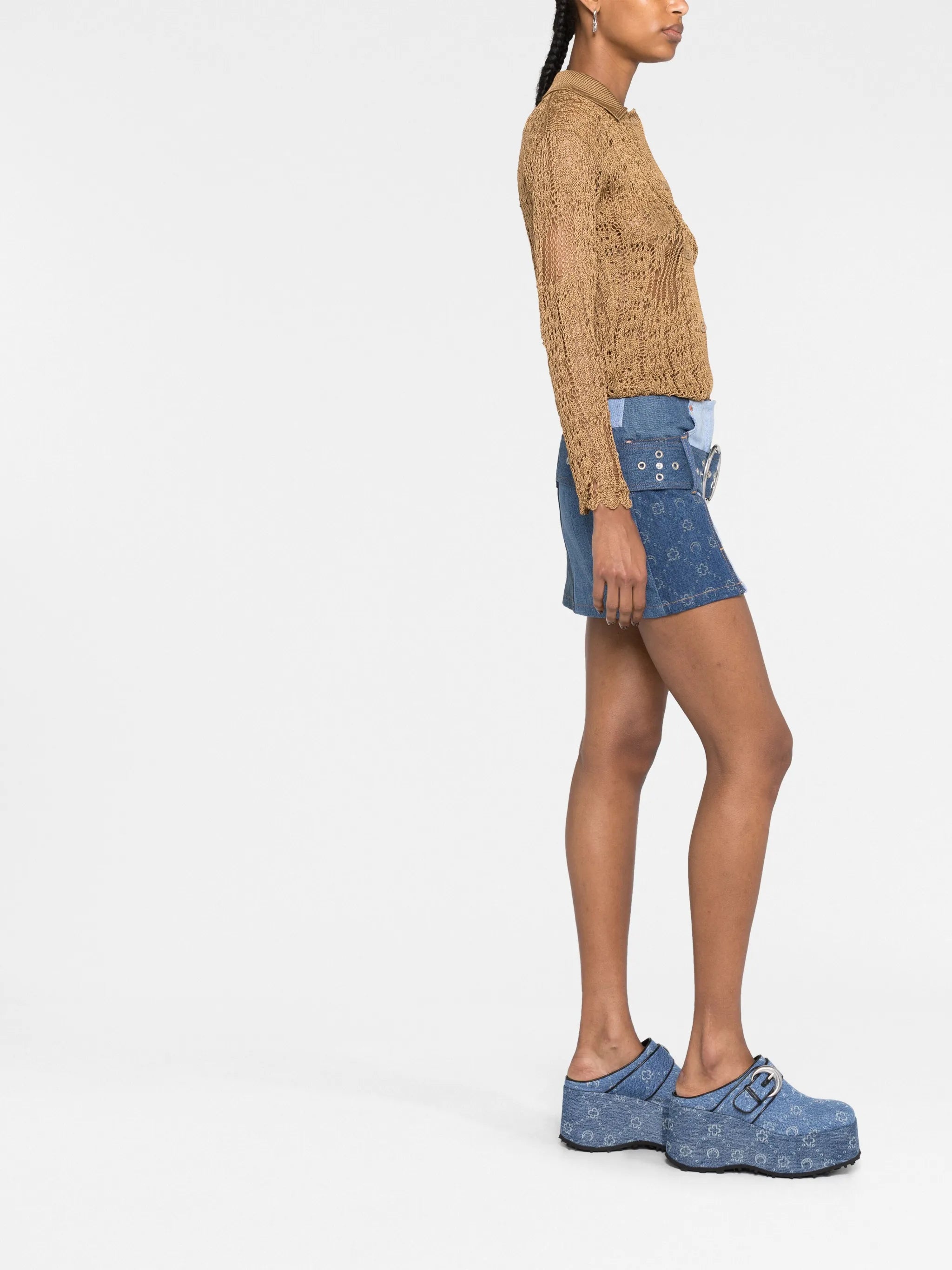 Monogram-print patchwork denim mini skirt