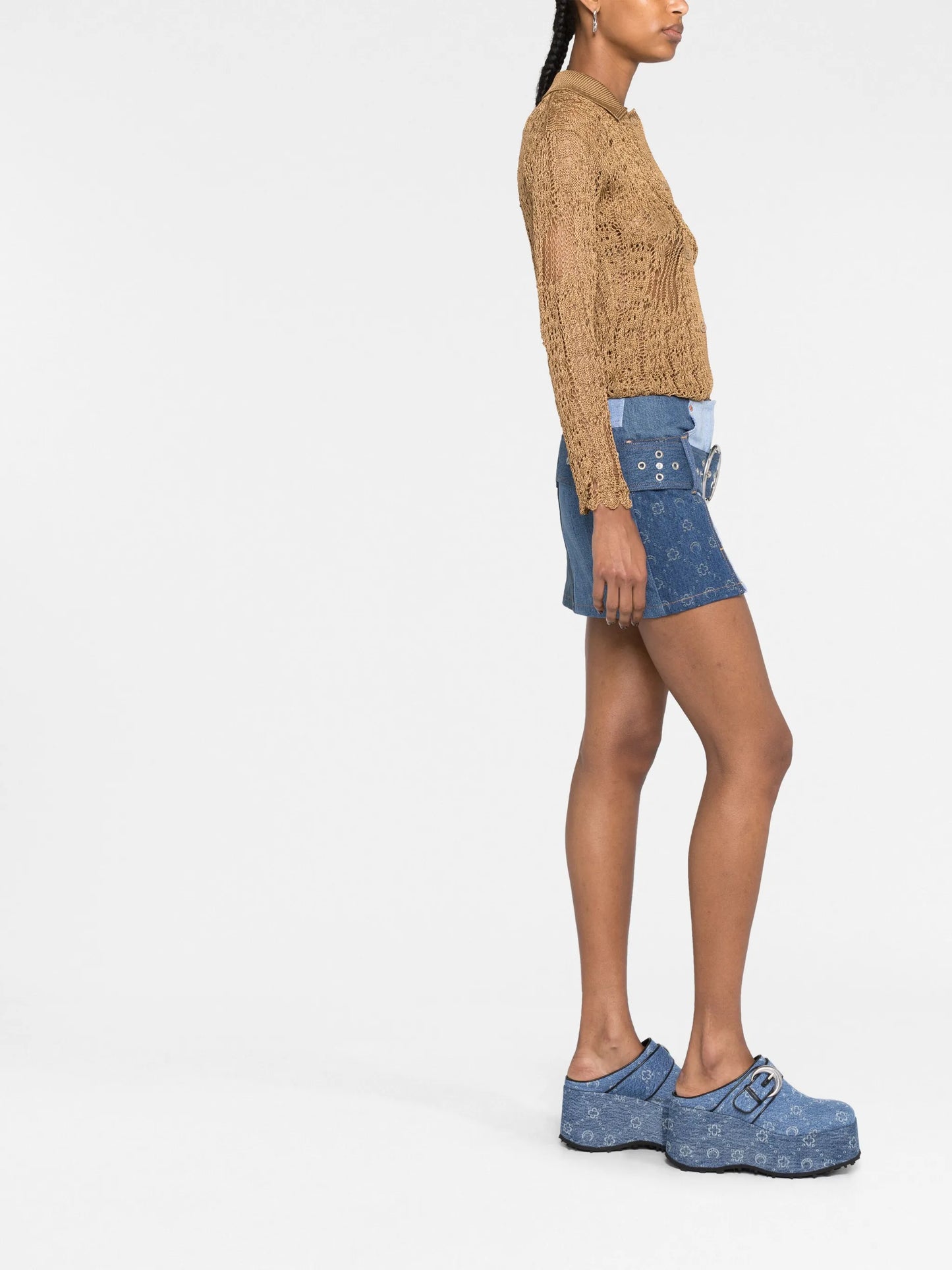Monogram-print patchwork denim mini skirt