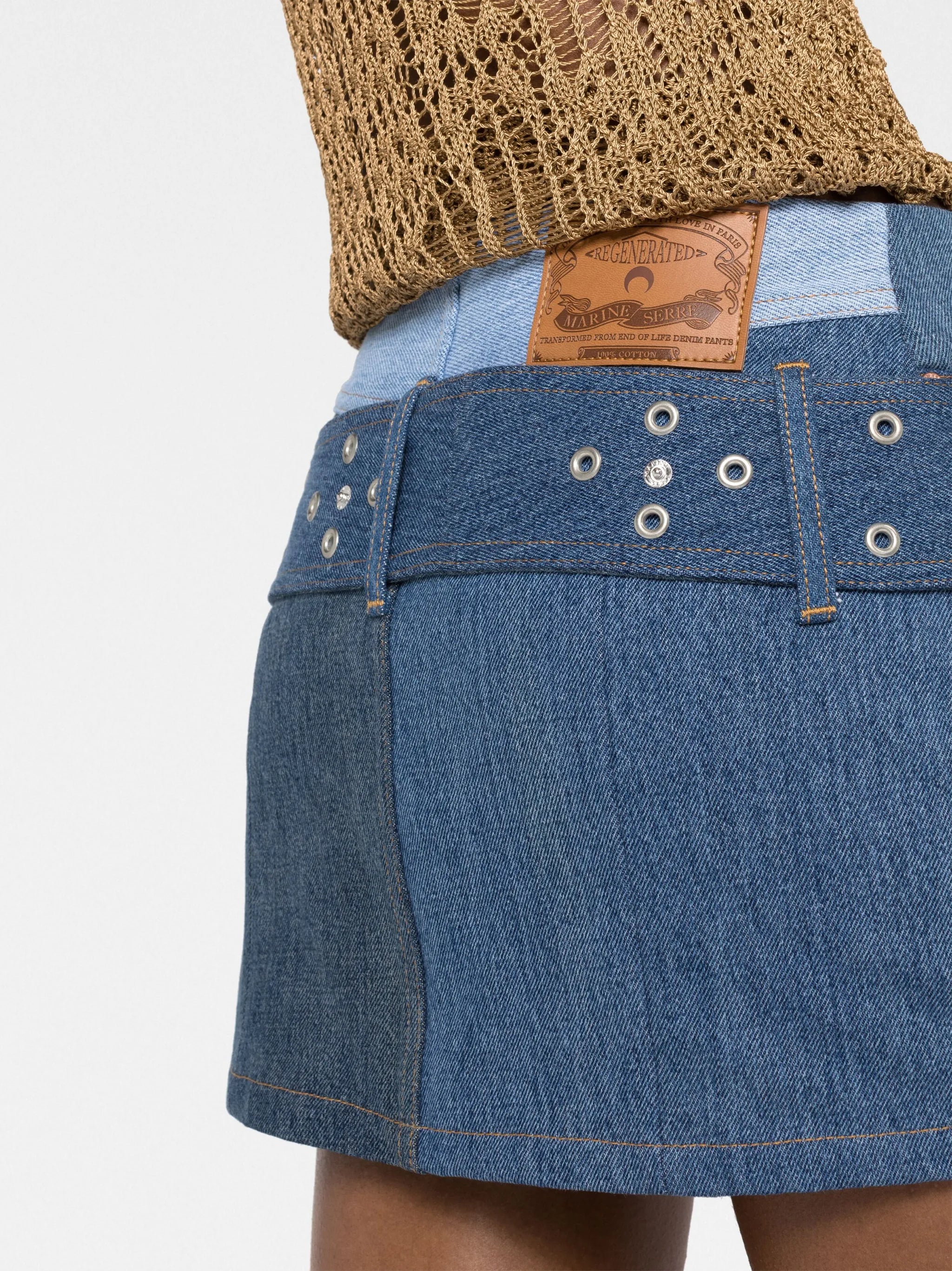Monogram-print patchwork denim mini skirt