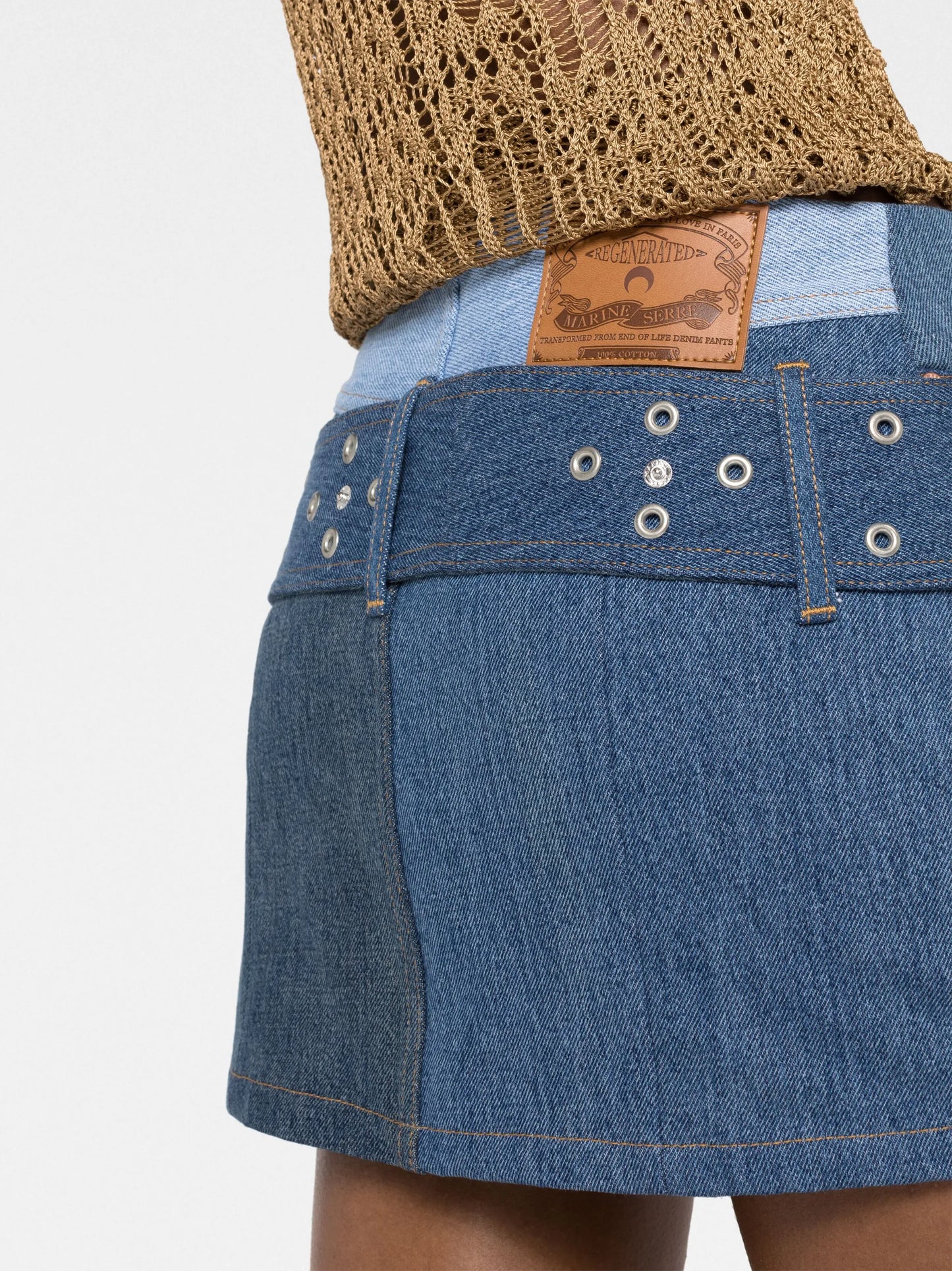Monogram-print patchwork denim mini skirt