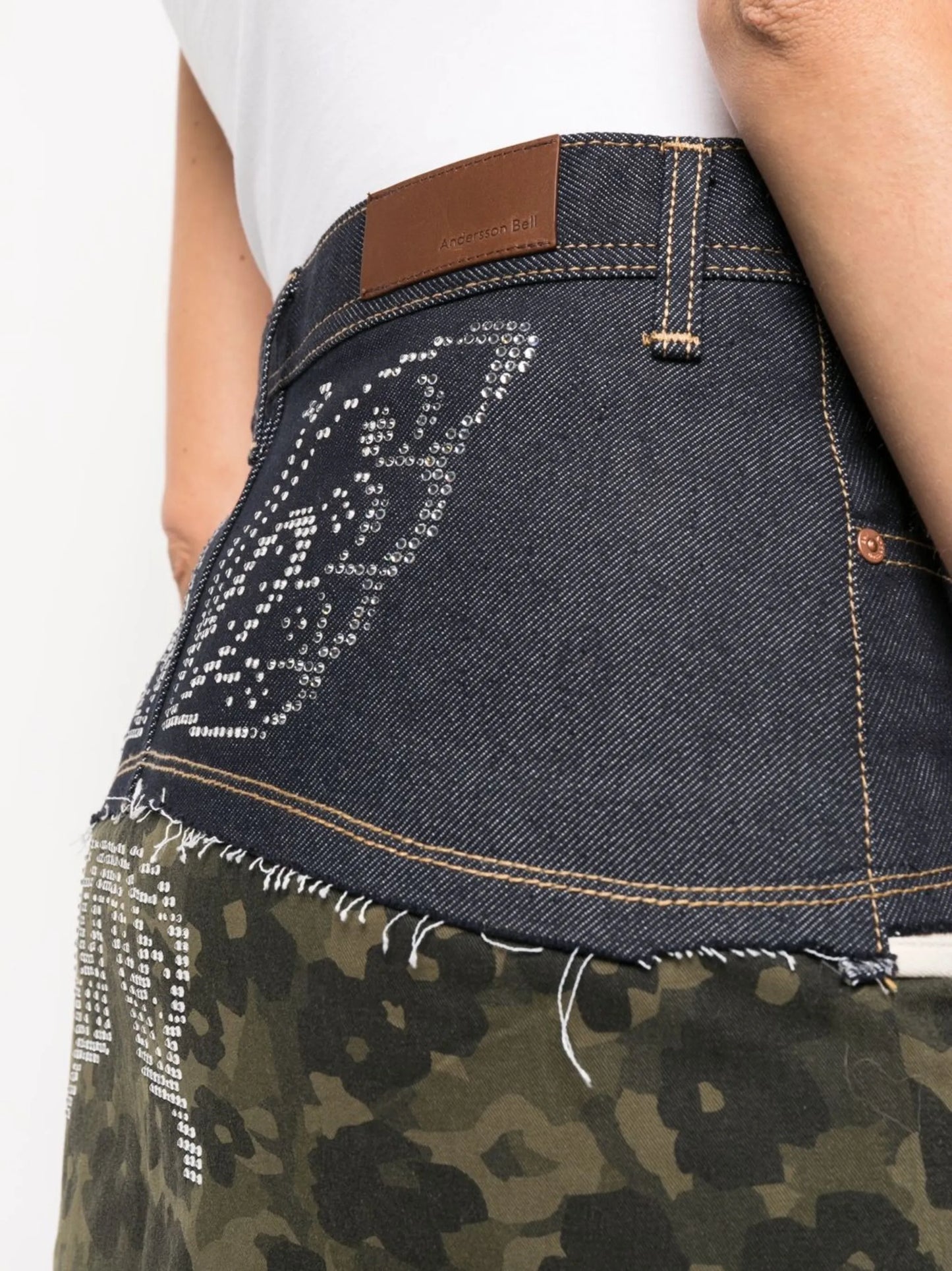 cut-out paneled denim skirt