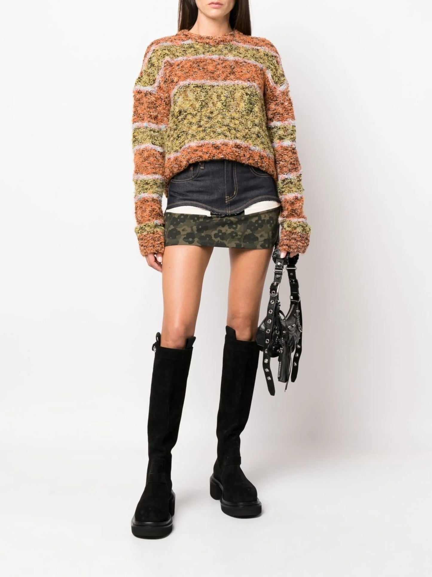 cut-out paneled denim skirt