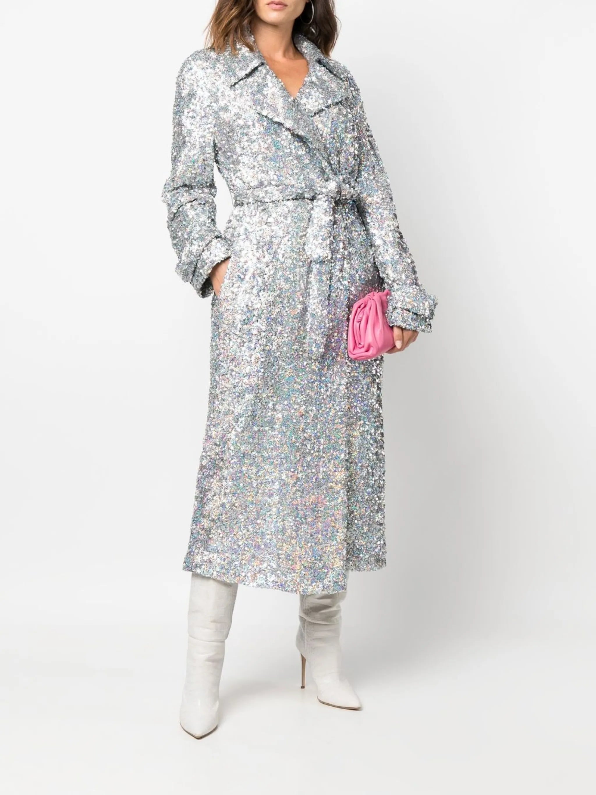 sequin-embellished belted coat
