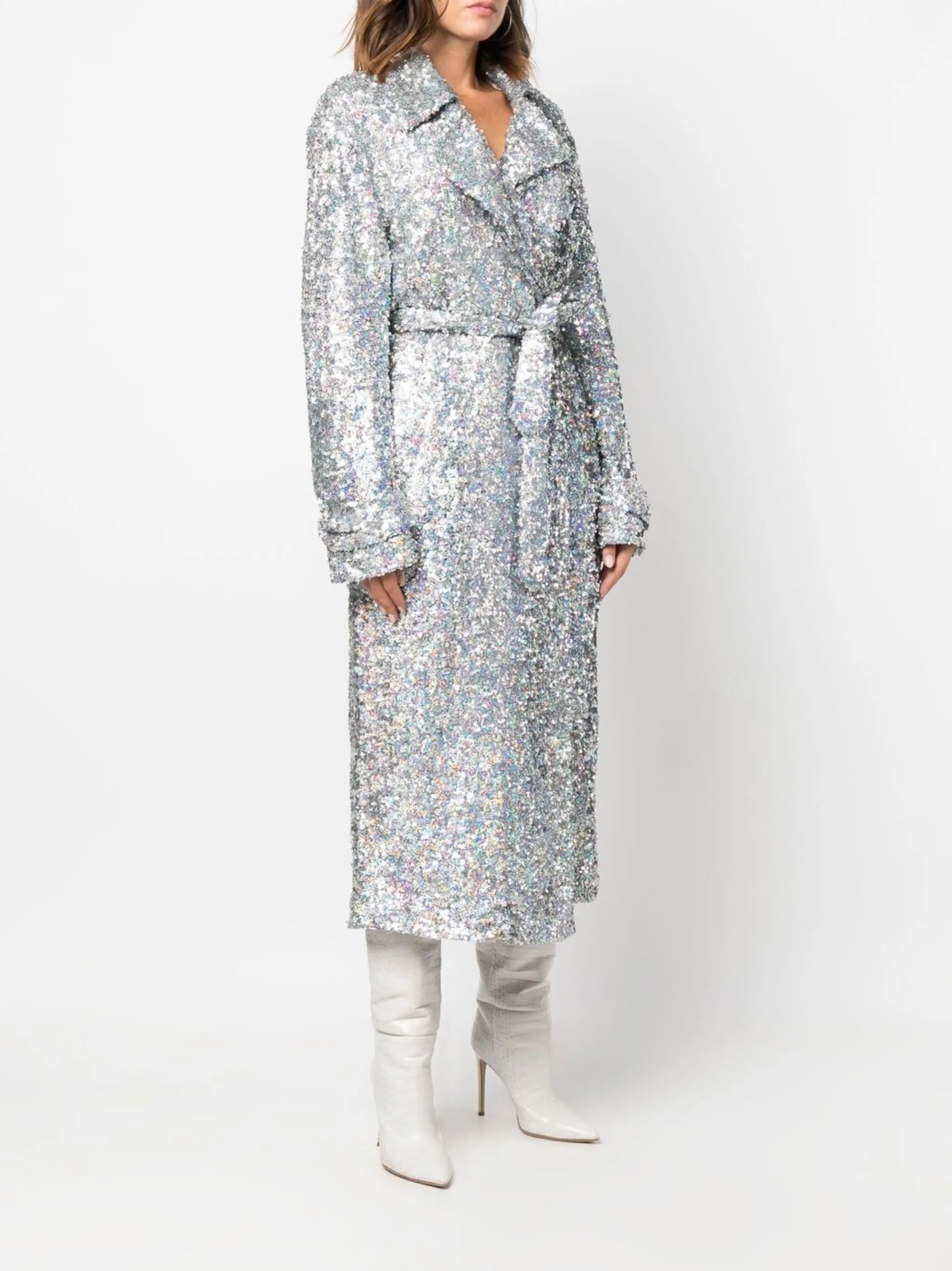 sequin-embellished belted coat