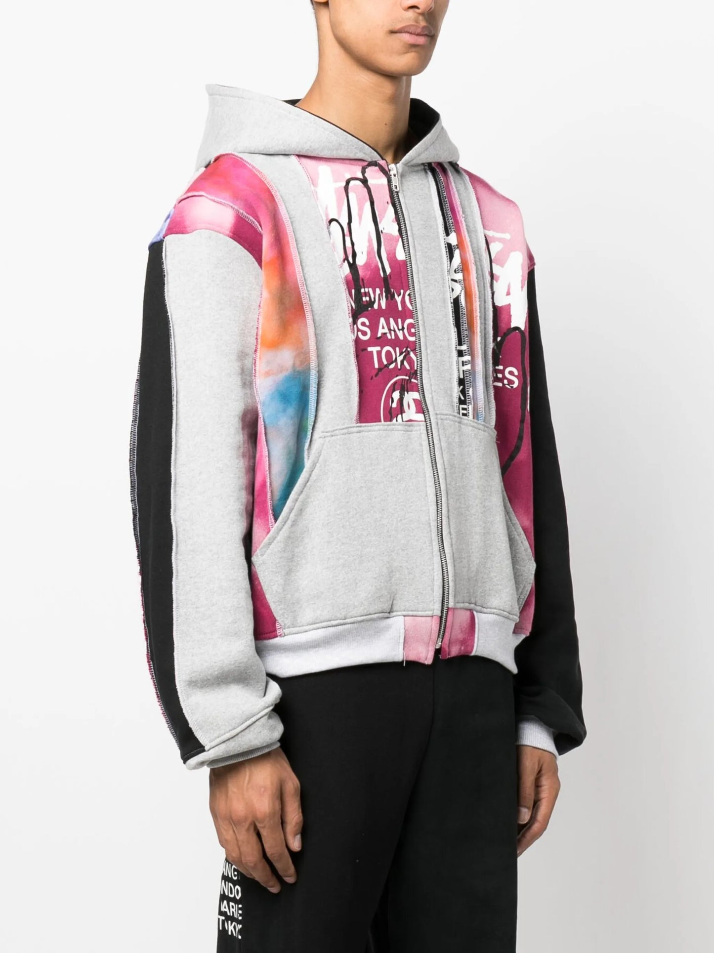 panelled cotton zip-up hoodie
