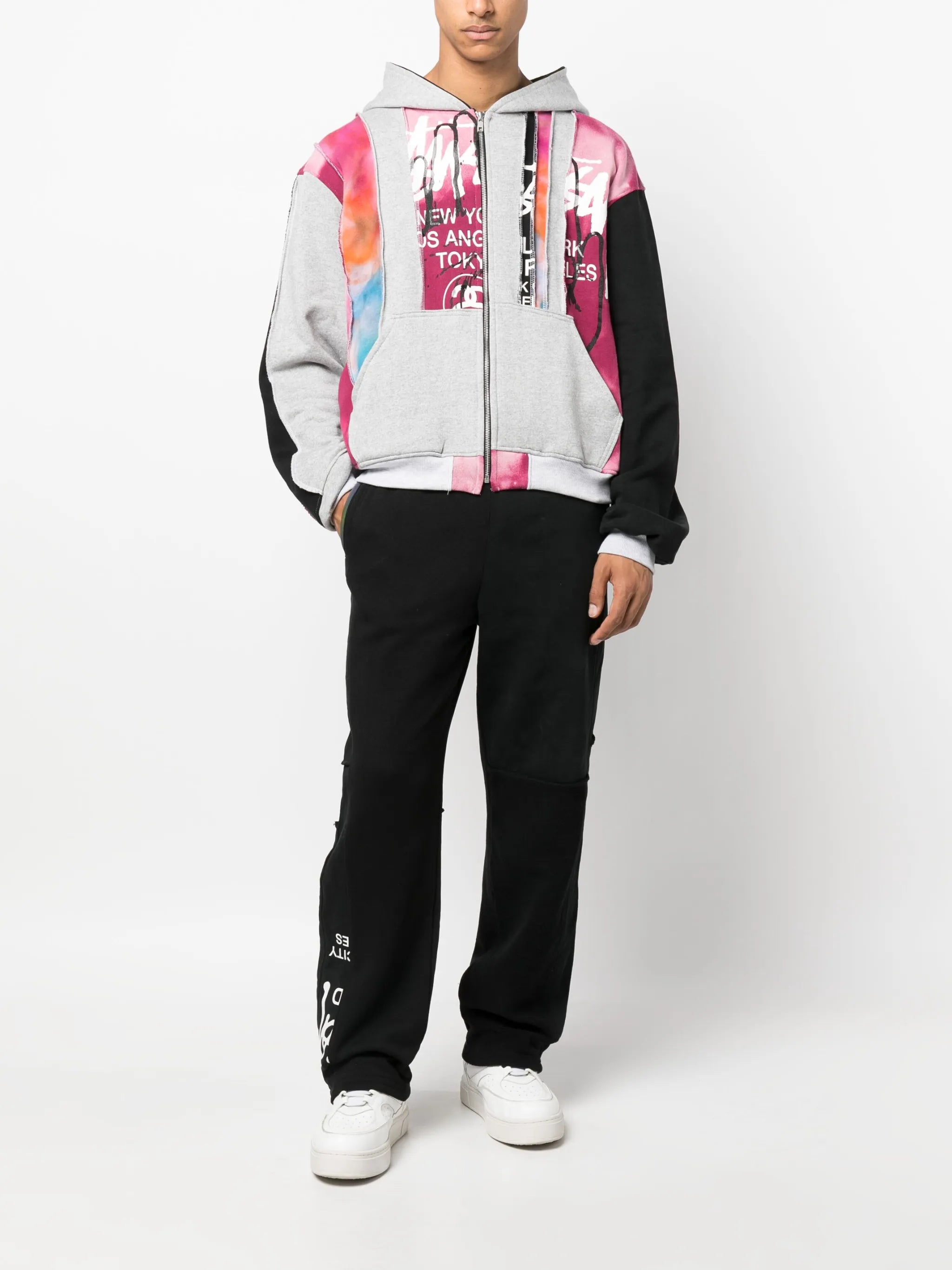 panelled cotton zip-up hoodie