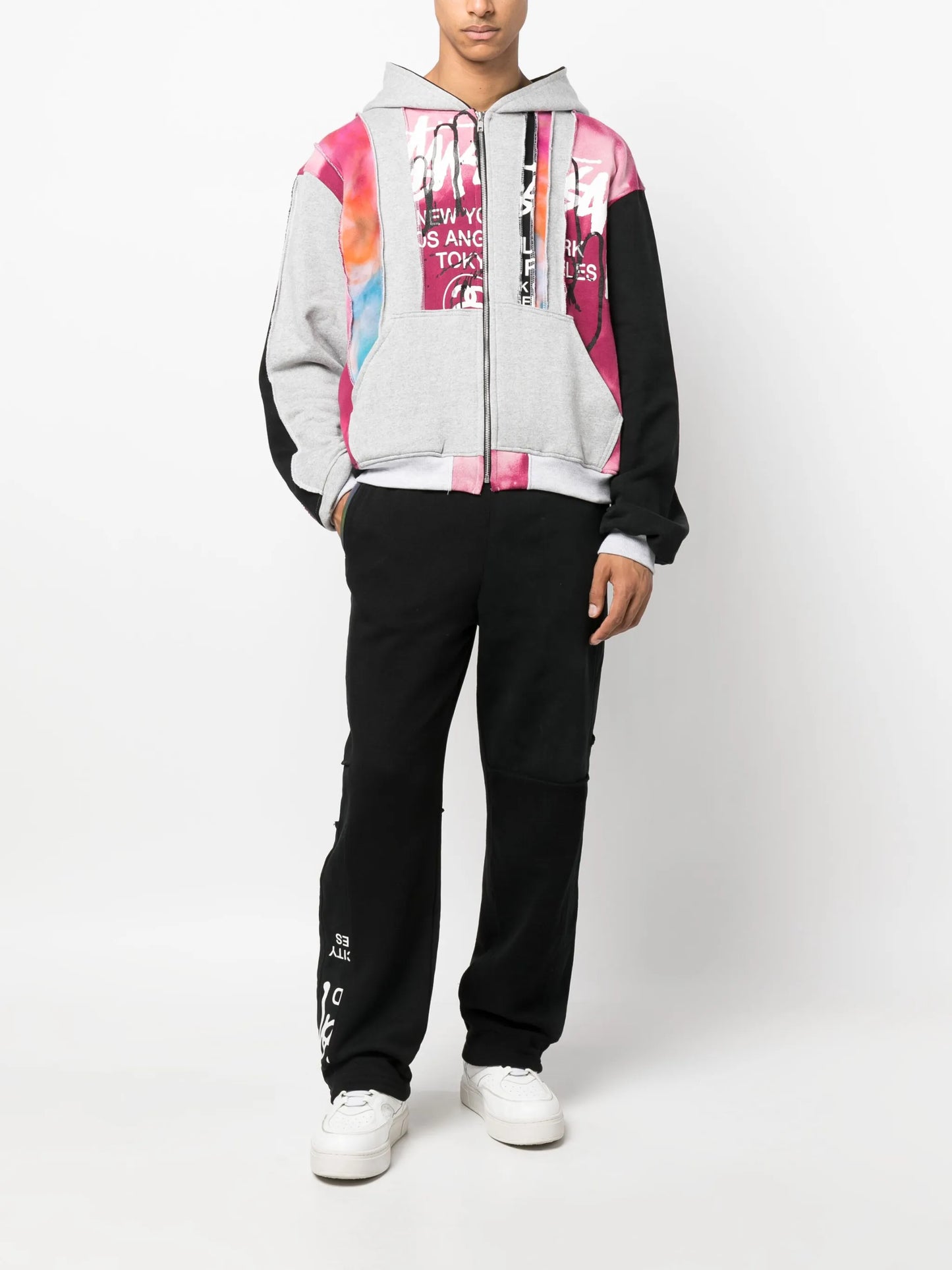 panelled cotton zip-up hoodie