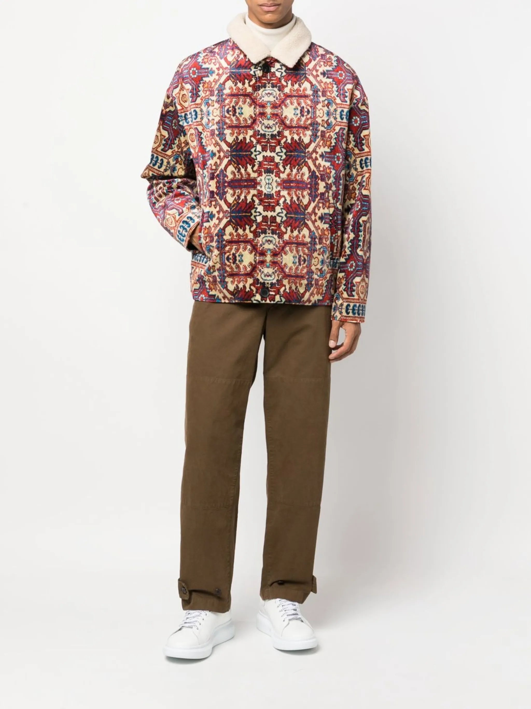 shearling-collar abstract-print jacket