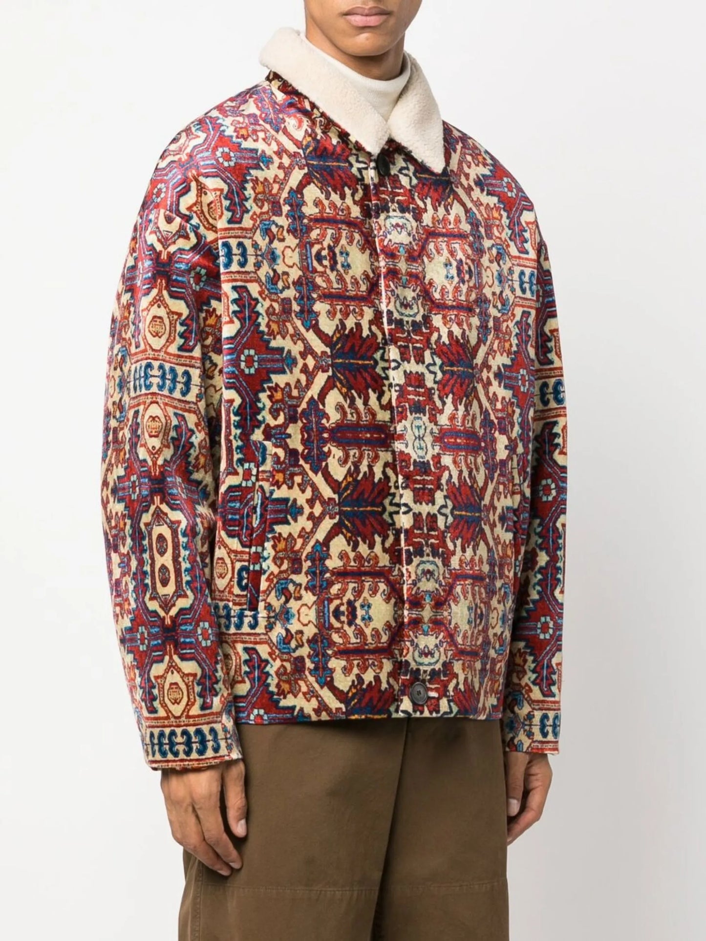 shearling-collar abstract-print jacket