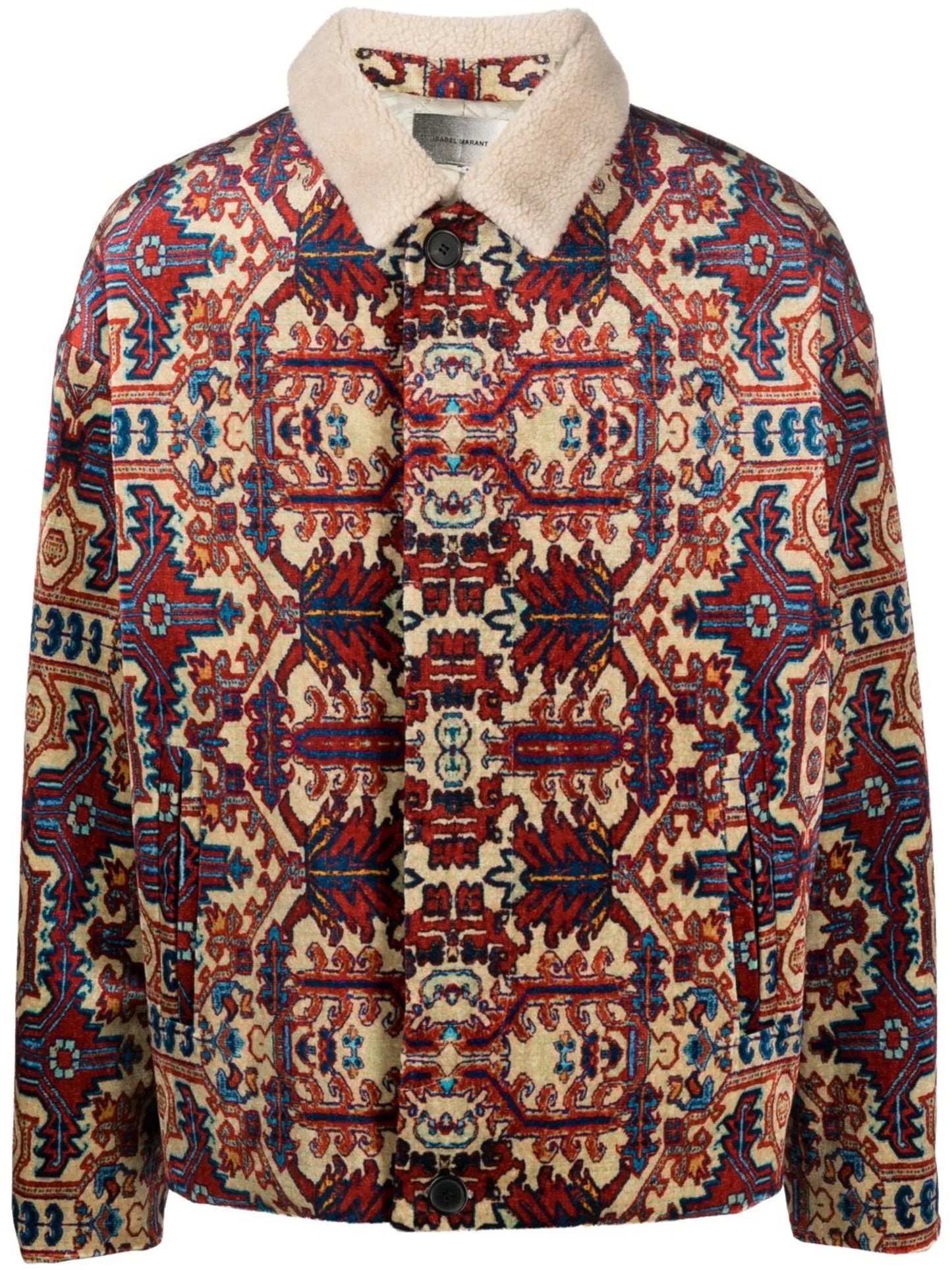shearling-collar abstract-print jacket