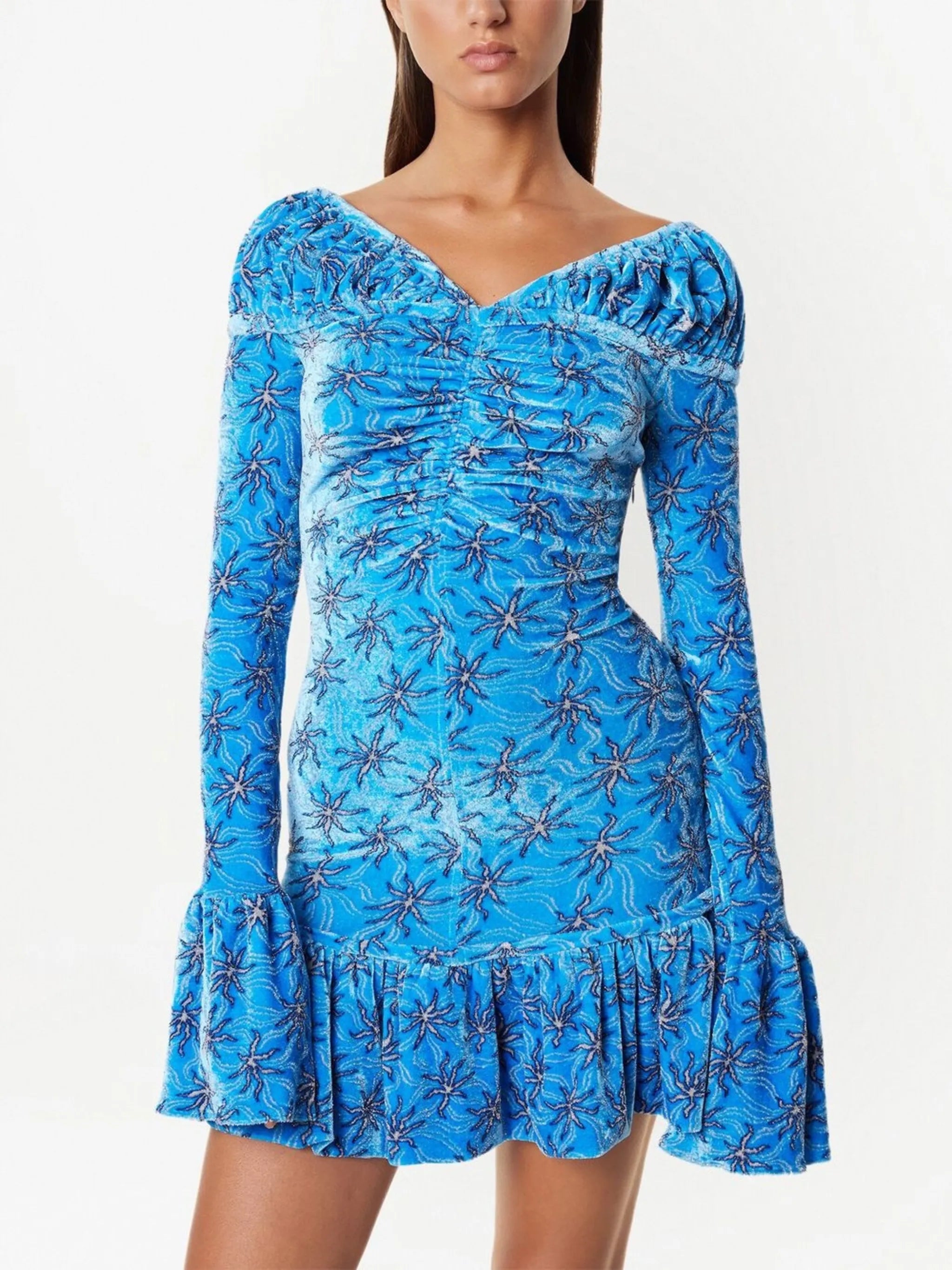 floral-print flared velvet minidress